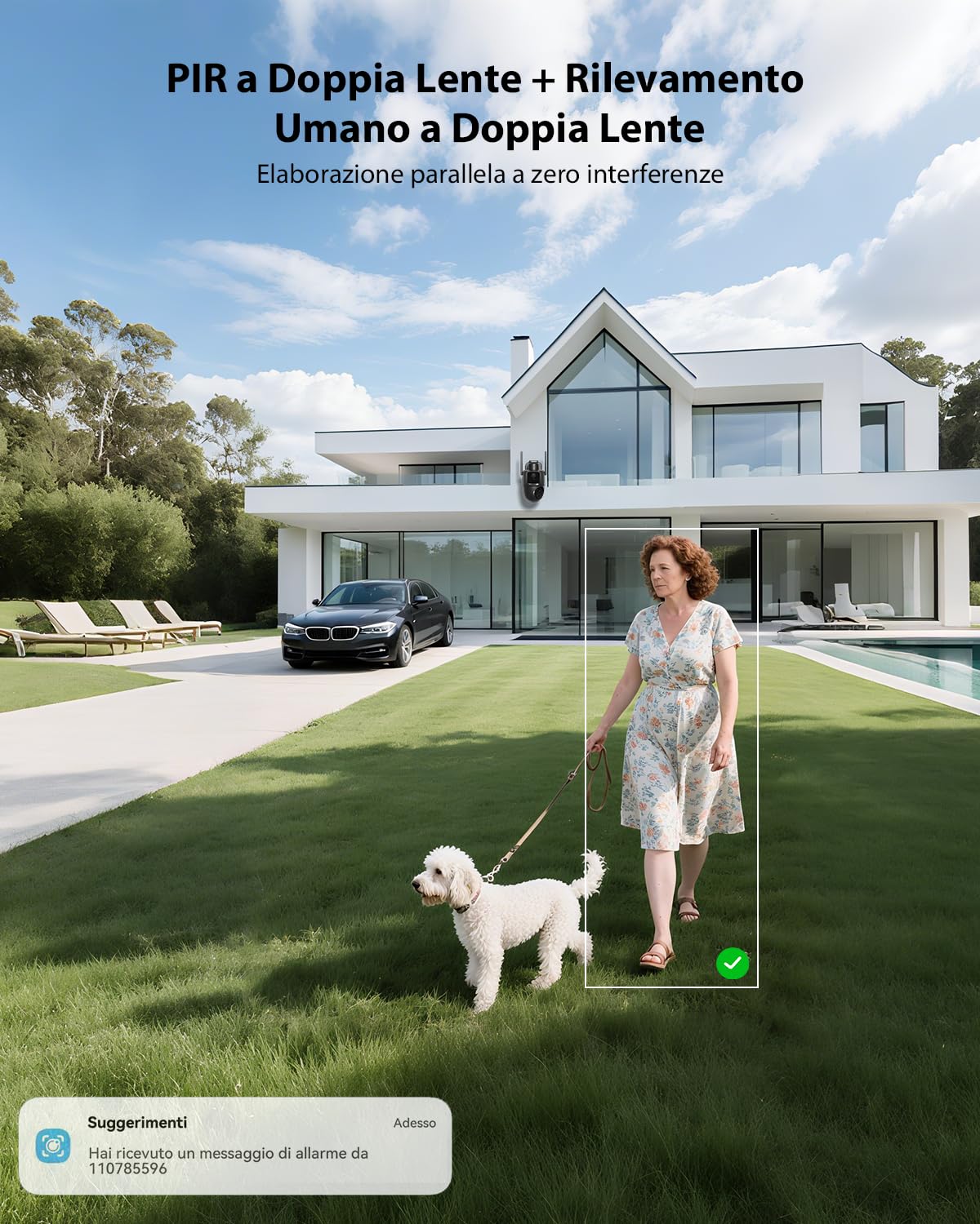 COCOCAM 2K Doppio Obiettivo Telecamera Wi-Fi Esterno Senza Fili | 6W Pannello Solare, Batteria 10000mAh, Doppio PIR e Rilevamento Umano AI, Visione Notturna Colori, 355°P 90°T, WiFi 2.4G