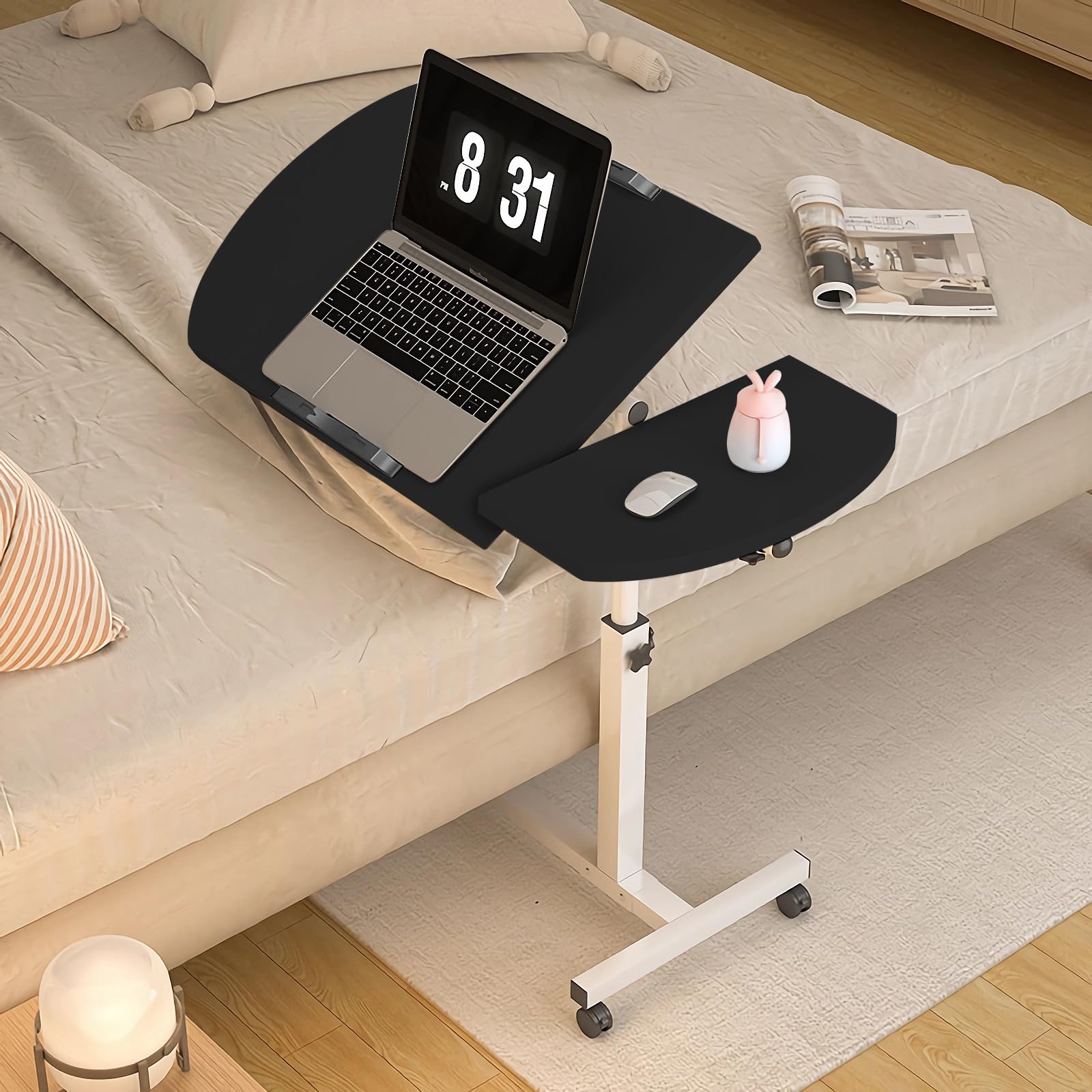 Tavolino regolabile per laptop con scrivania inclinabile, ruote e cestino portaoggetti rimovibile, per casa, ufficio, studio, lettura e recupero, 65-95 cm, nero