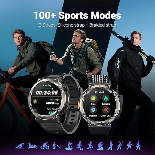 Miniatura 6 de Military Smart Watch for Men(AnswerMake Calls),Outdoor Smartwatch with 100 Days BatteryFlashlightCompassHeart RateSpO2Sleep Monitor2 Straps, Rugged