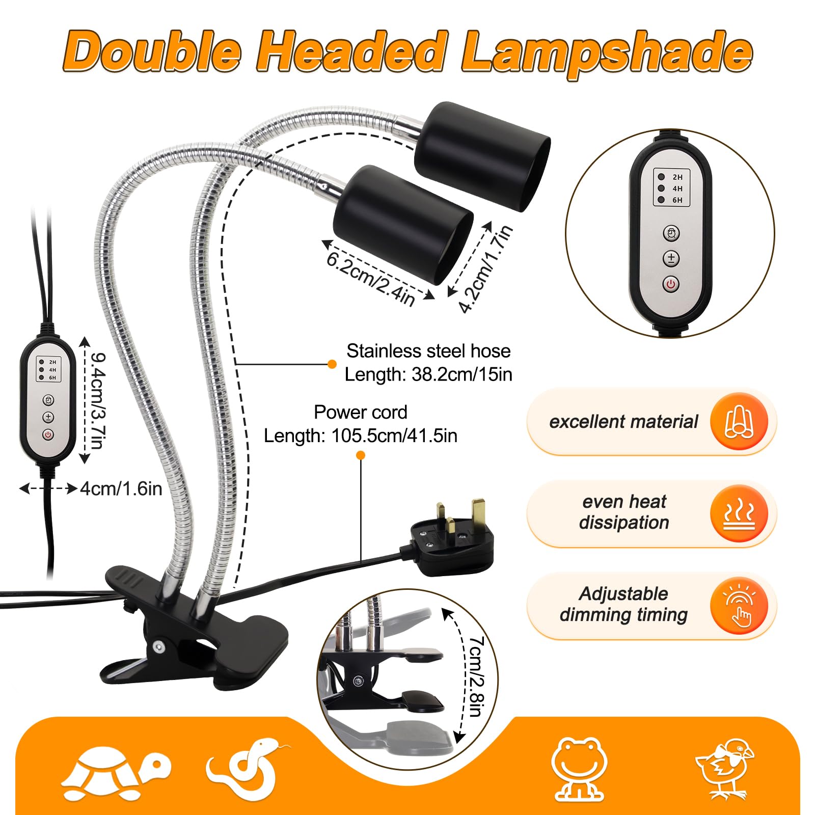 Lampe chauffante tortue à double tête pour reptile avec pince, rotation à 360 °, lampe chauffante UVA UVB avec minuterie de cycle pour tortue, dragon, serpents, lézards