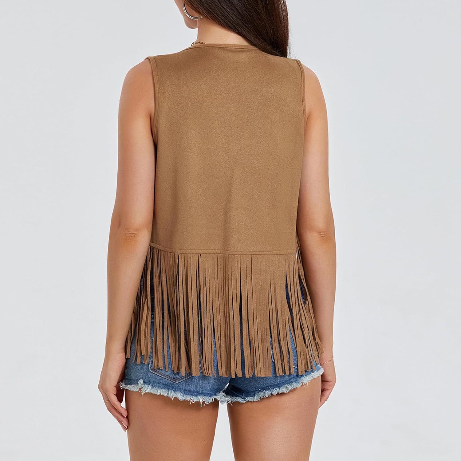 Womens Fringe Vest 60s 70s Hippie Vest Sleeveless Cowgirl Western Faux Suede Tassel Jacket Cardigan Outerwear - Image 5