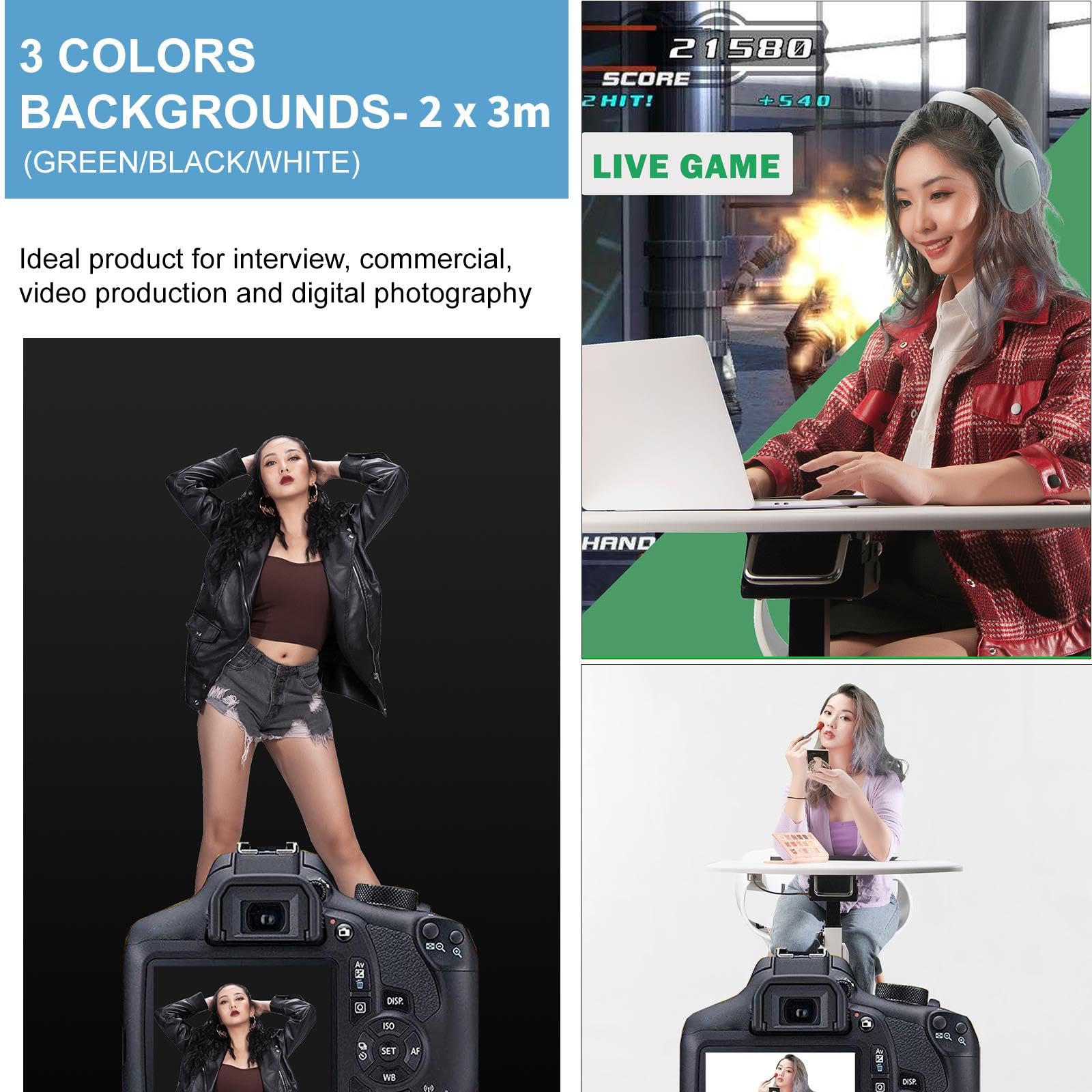 Kit di supporto regolabile per sfondo con sfondo verde bianco nero da 2 x 3 m, 8 morsetti e 2 sacchi di sabbia, sistema di supporto per studio fotografico, video, ritratti, riprese Porduct
