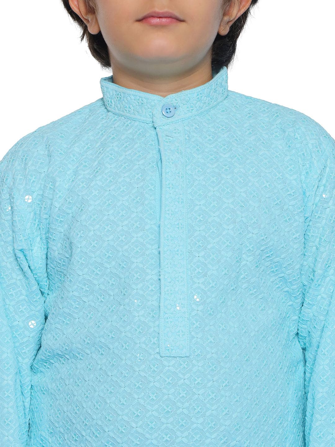 AJ DEZINES Boys Cotton Striped Ethnic Kurta Pajama Set|Full Sleeve Chikankari Kurta with Sequins|Traditional & Festive Outfit|Mandarin Collar,Regular Fit|Special Occasion|SKYBLUE-14,13-14 Years - Image 8 thumbnail