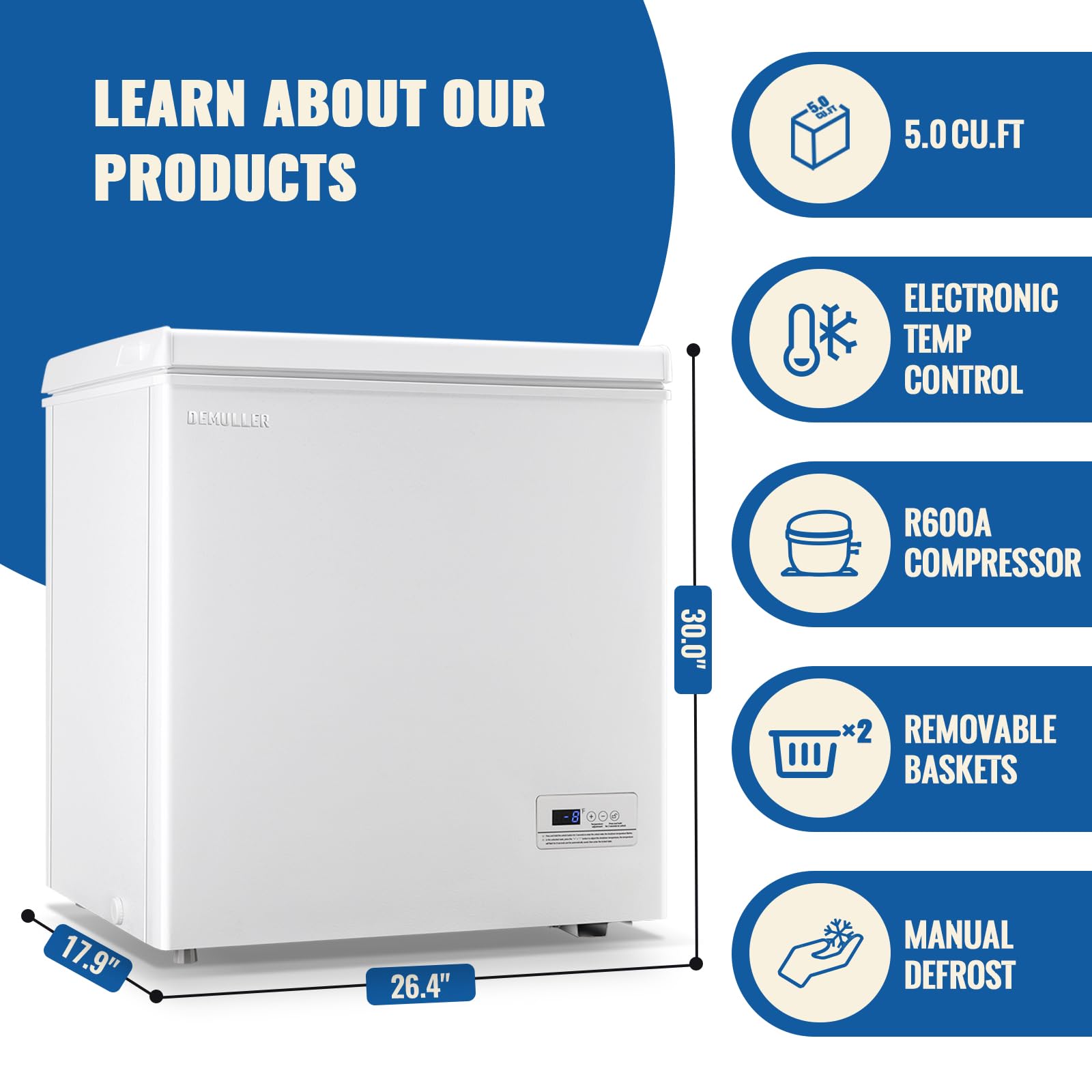 Demuller Large Capaity Deep Chest Freezer With Electronic Temperature Control Panel Compact Small Freezers With Two Baskets White (-12℉ To 50℉) Ideal For Kitchen Dorm Apartment on Fridge.com - View 5