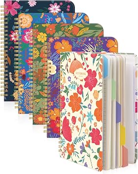 Dynta Spiral Notebooks 5 Subject 5-Pack College Ruled Hardcover with Removable Dividers 160 Pages/80 Sheets Each, A58.5 "x 5.7" Cute Blooming Floral, for Students Office Business Diary Book
