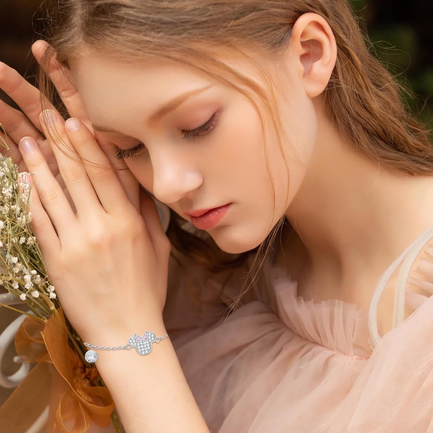 Mouse Bracelet for Women Sterling Silver Pink CZ Mouse Chain Bracelet Sparkling Cute Minnie Bow Animal Cartoon Link Bracelet Lucky Cute Princess Jewelry Gifts for Women Daughter Birthday - Image 4