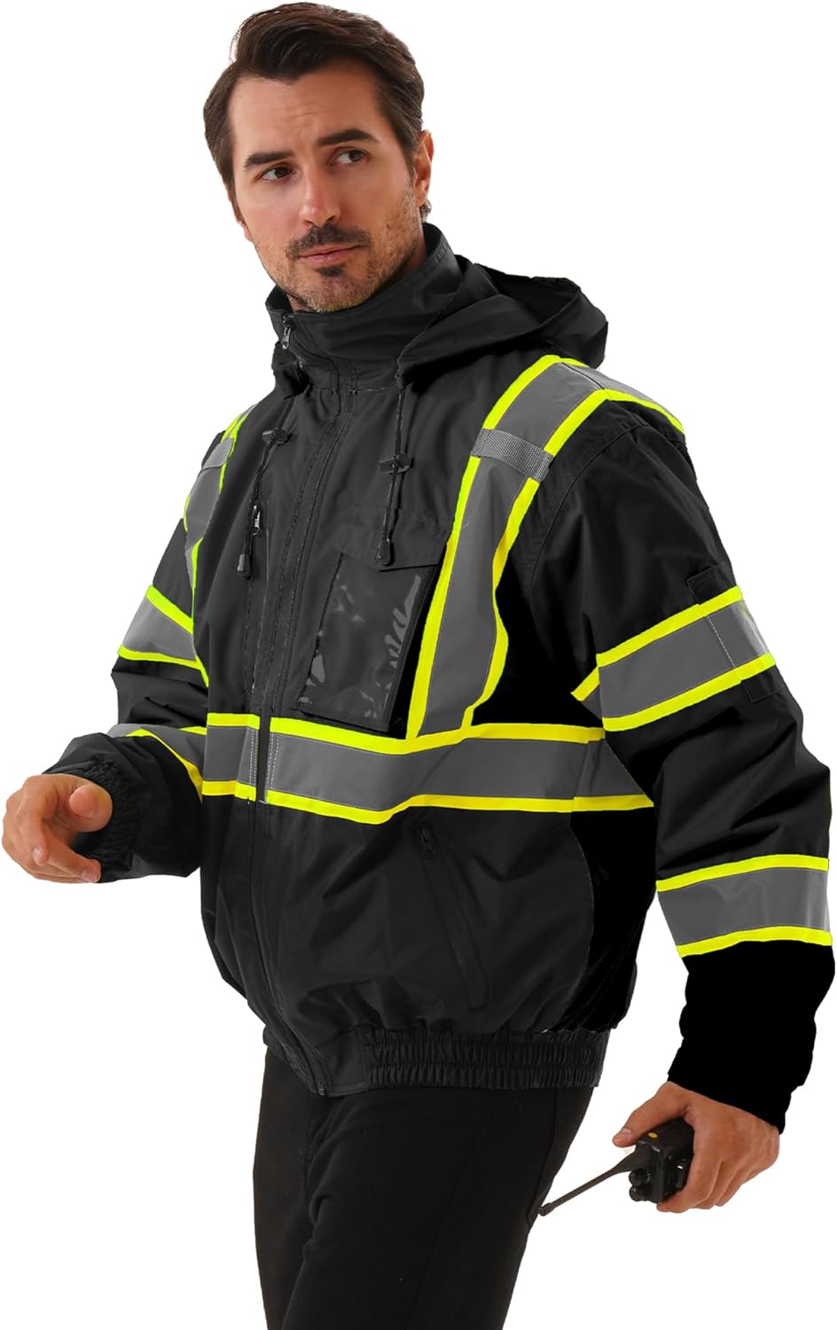 Hi Vis Safety jacket for men,Reflective high Visibility Hooded jacket,Work Bomber Jacket with Pockets and Zipper,Waterproof,ANSI Class 3 Black,XL