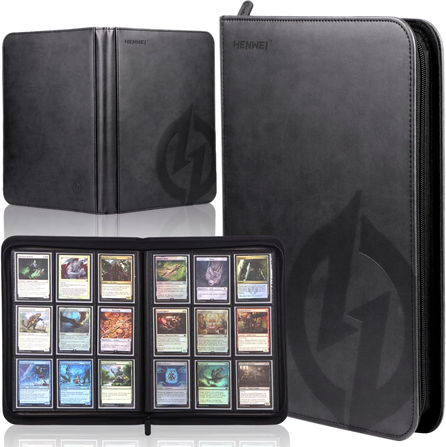 9-Pocket Black Zip Trading Card Binder/360 Cards/Premium PU Leather Exterior/Soft Suede Interior Lining/20 Side-Loading Pages/Specialized Binder for TCG Cards,Sports Cards,Game Cards and Gift Cards