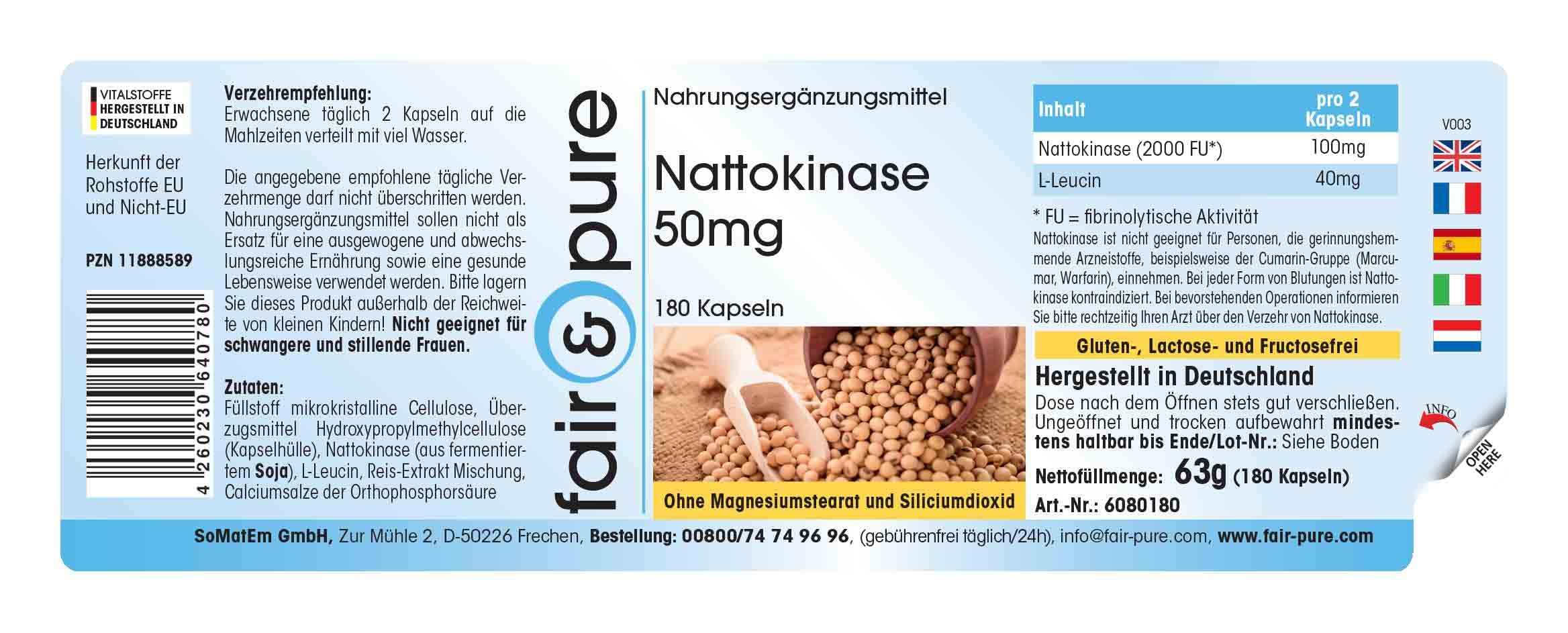 Fair & Pure Nattokinase 50mg, 180 Kapseln, schluckfreundlich, Nahrungsergänzungsmittel vegan ohne Magnesiumstearat, in Deutschland hergestellt