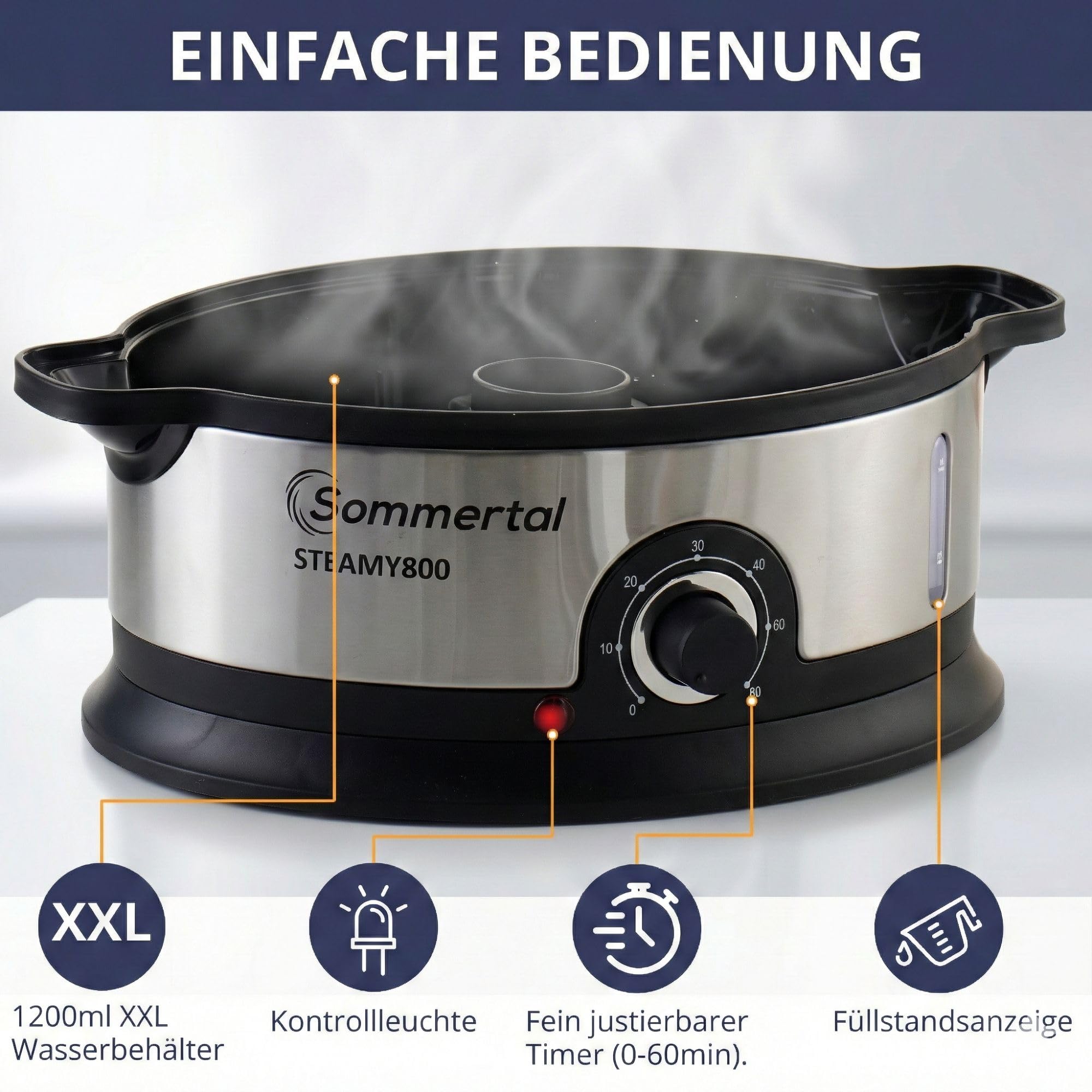 Sommertal Steamy800 Ammortizzatore 800 W 3 strati pentola senza BPA regolabile 0-60 min. Lavabile in lavastoviglie in plastica