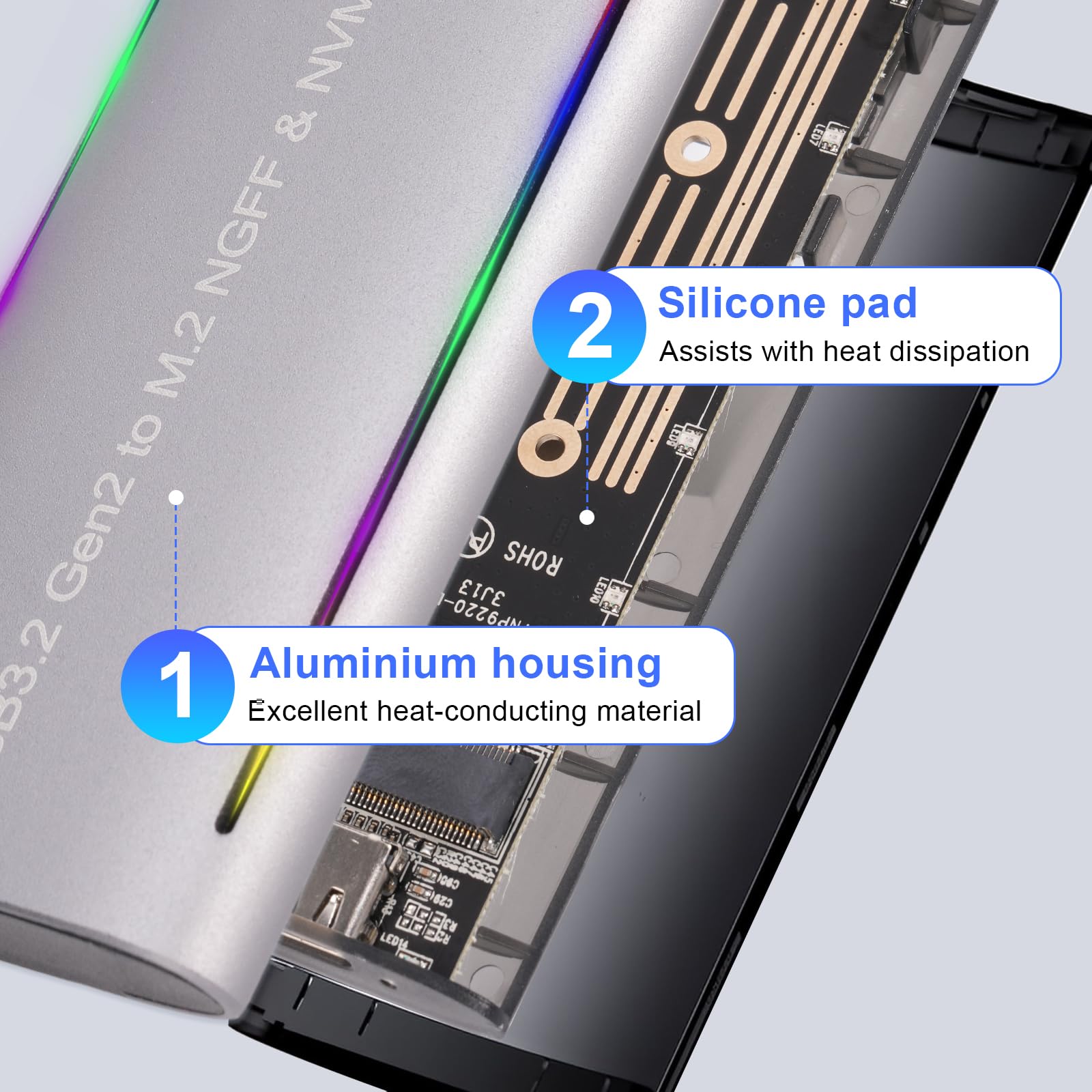 M.2 NVMe & SATA - Carcasa SSD (20 Gbps, USB-C 3.2 Gen2 x 2, carcasa de aluminio con RGB, sin herramientas, para disco duro M.2 2230/2242/2260/2280, compatible con MacBook, Windows, PS5, Phone 17)
