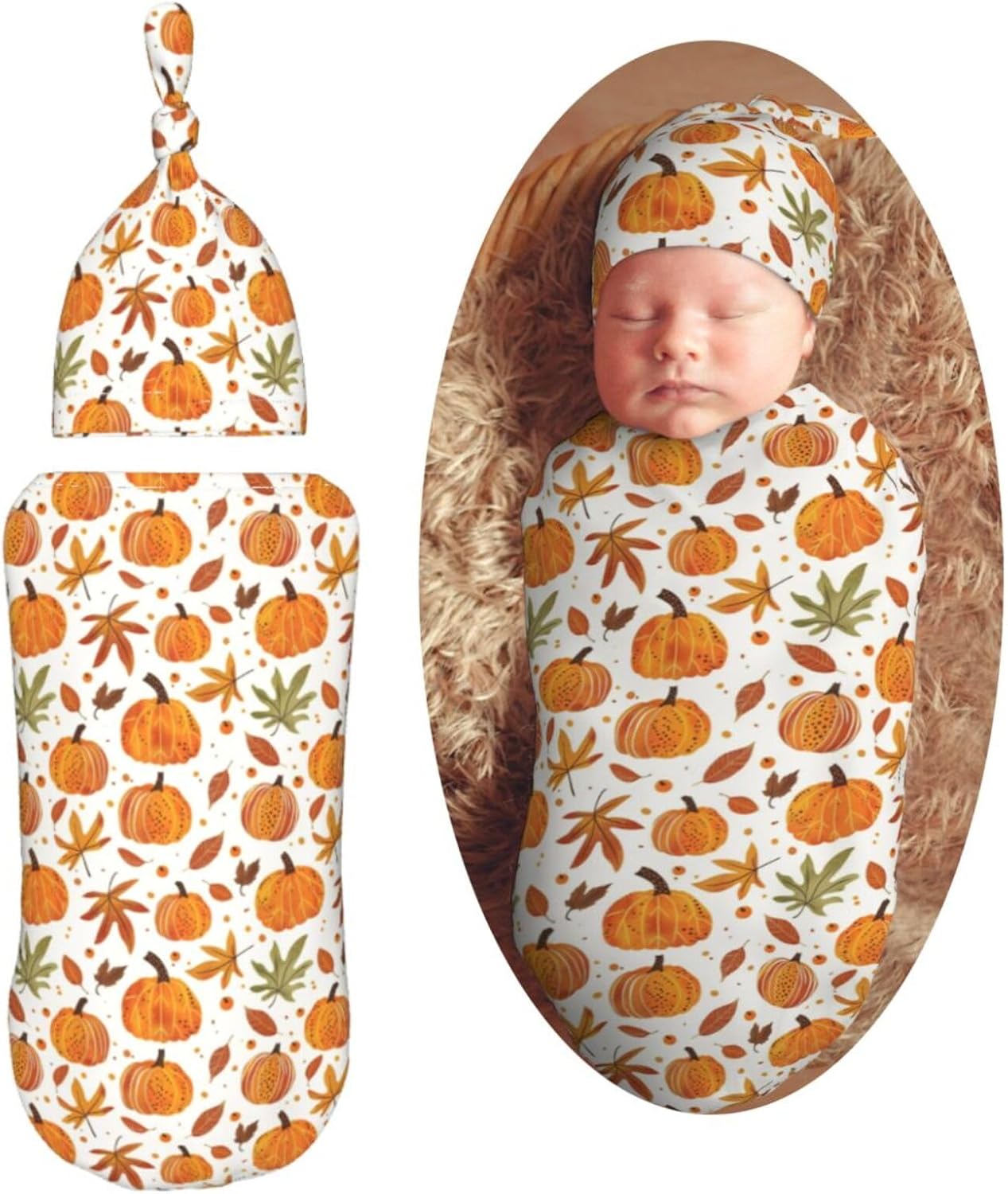 Fall Pumpkins Newborn Swaddle Blankets Hat Sets Soft Baby Receiving Blanket Swaddle Sack for Baby Shower Infant Boy Girl Gift