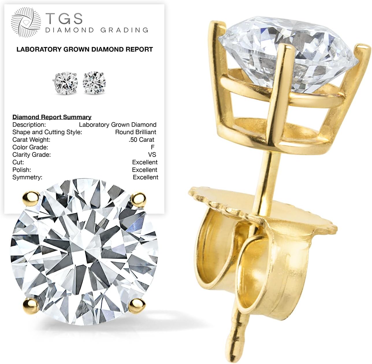 Certified .25-4.0 Carat Lab Grown Diamond Earrings in 14K Gold, Premium Collection of Diamond Stud Earrings for Women and Men, Quality Studs Made in USA