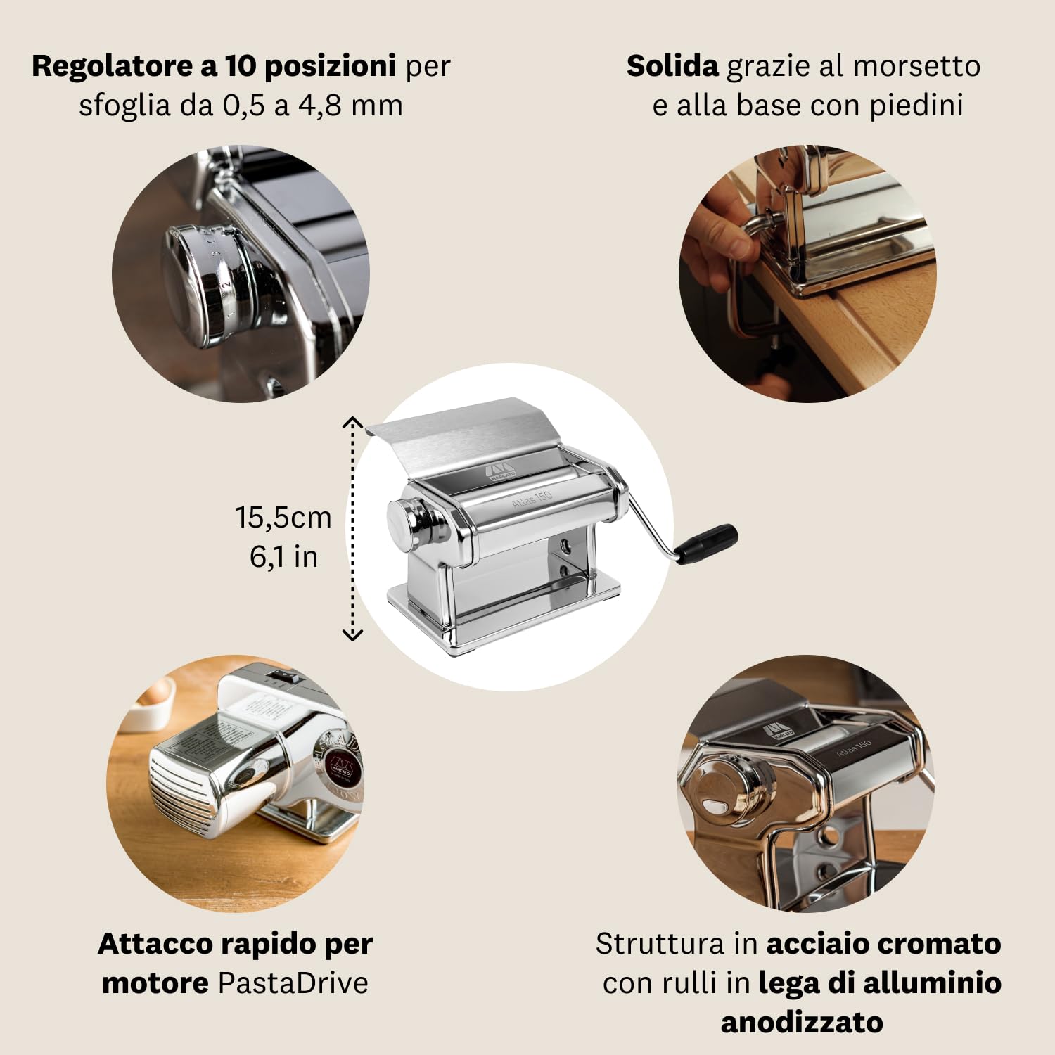 Marcato AT-150-ROL-SLD Atlas 150 Slide, Acciaio e Alluminio, Metallico, Linea Basic.