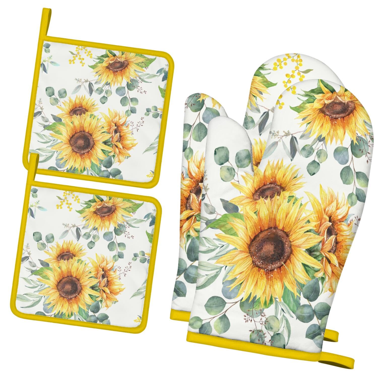 Juego de 4 manoplas de horno y soportes para ollas, decoración de cocina de girasol de granja, extra gruesos, resistentes al calor, guantes de horno y almohadillas calientes para hornear, cocinar y