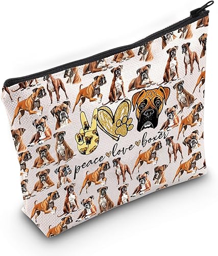 LEVLO Bolsa de maquillaje cosmético para perros Boxer - Peace Love con cremallera, regalo para mujeres y niñas, Boxeador Paz Completo, Bolsa de