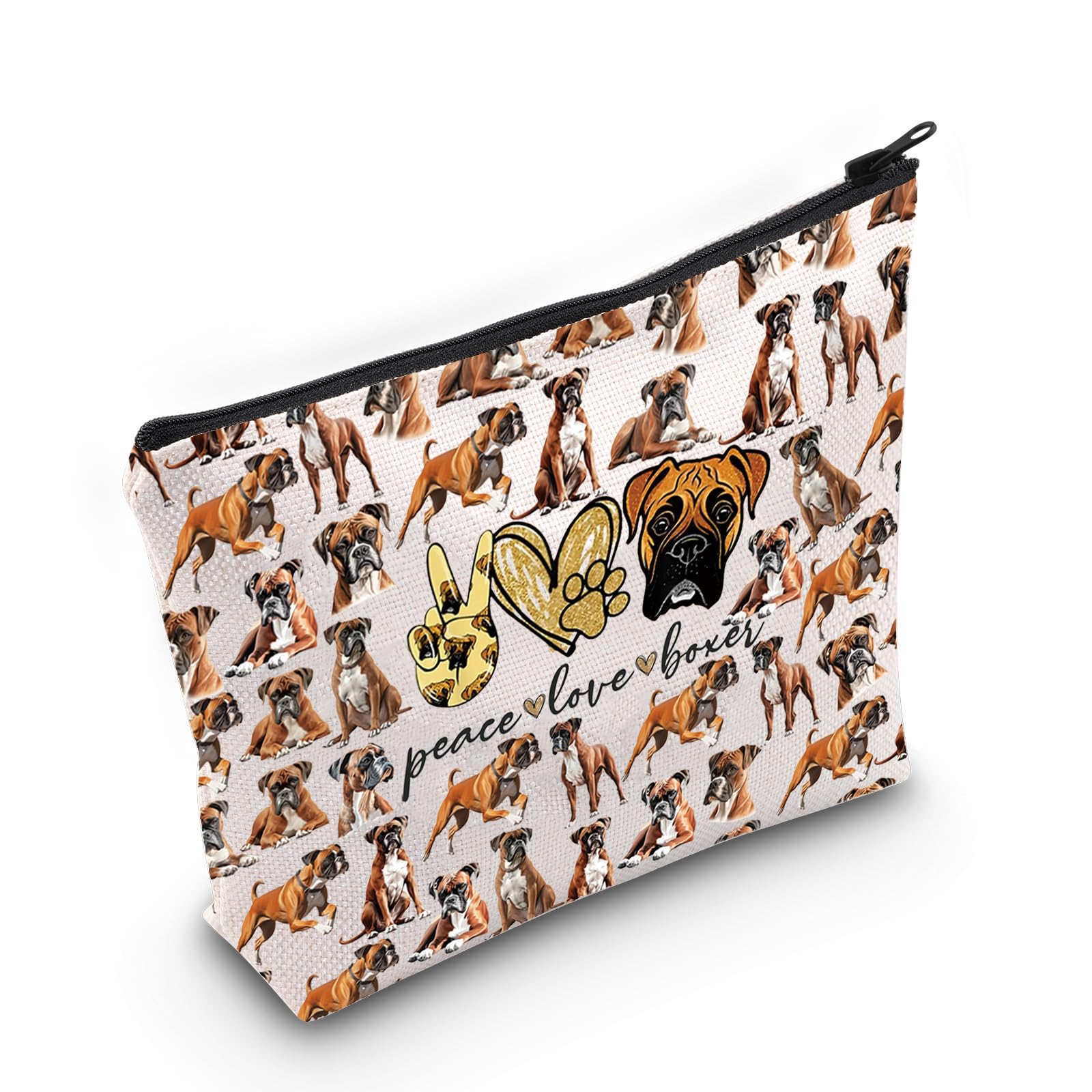 LEVLO Boxer Dog Cosmetic Makeup Bag - Peace Love Zipper Pouch Gift For Women & Girls, Peace Boxer Full