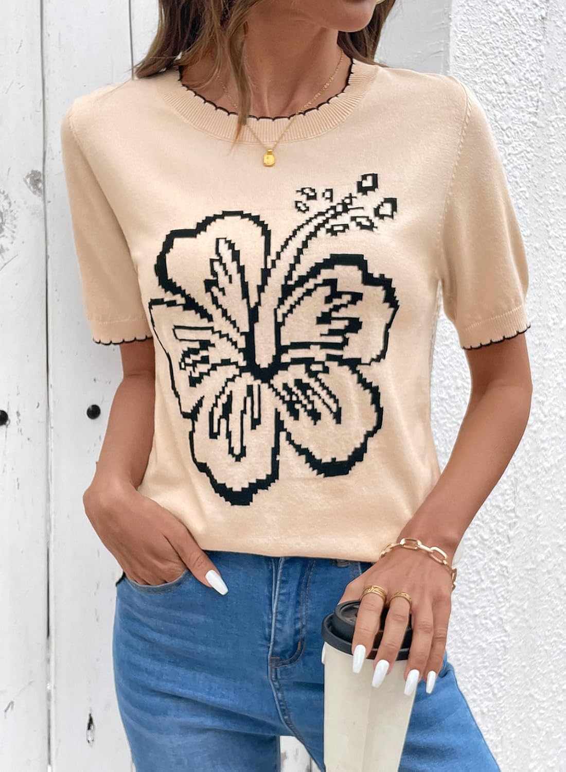 Dokotoo Women's Short Sleeve Sweater Crewneck Summer Knit Pullover Top - Image 2