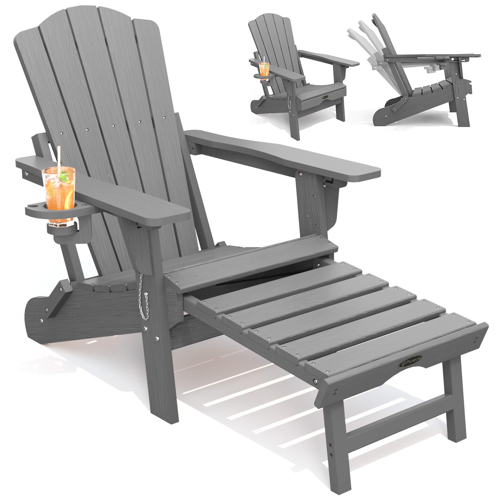 THOEOE Adjustable Adirondack Chair with Retractable Ottoman, HDEP Folding Adirondack Chairs with Footrest 2-in-1 Cup Holder, All Weather Outoor Fire Pit Chair with Foot Rest Set 1 Grey