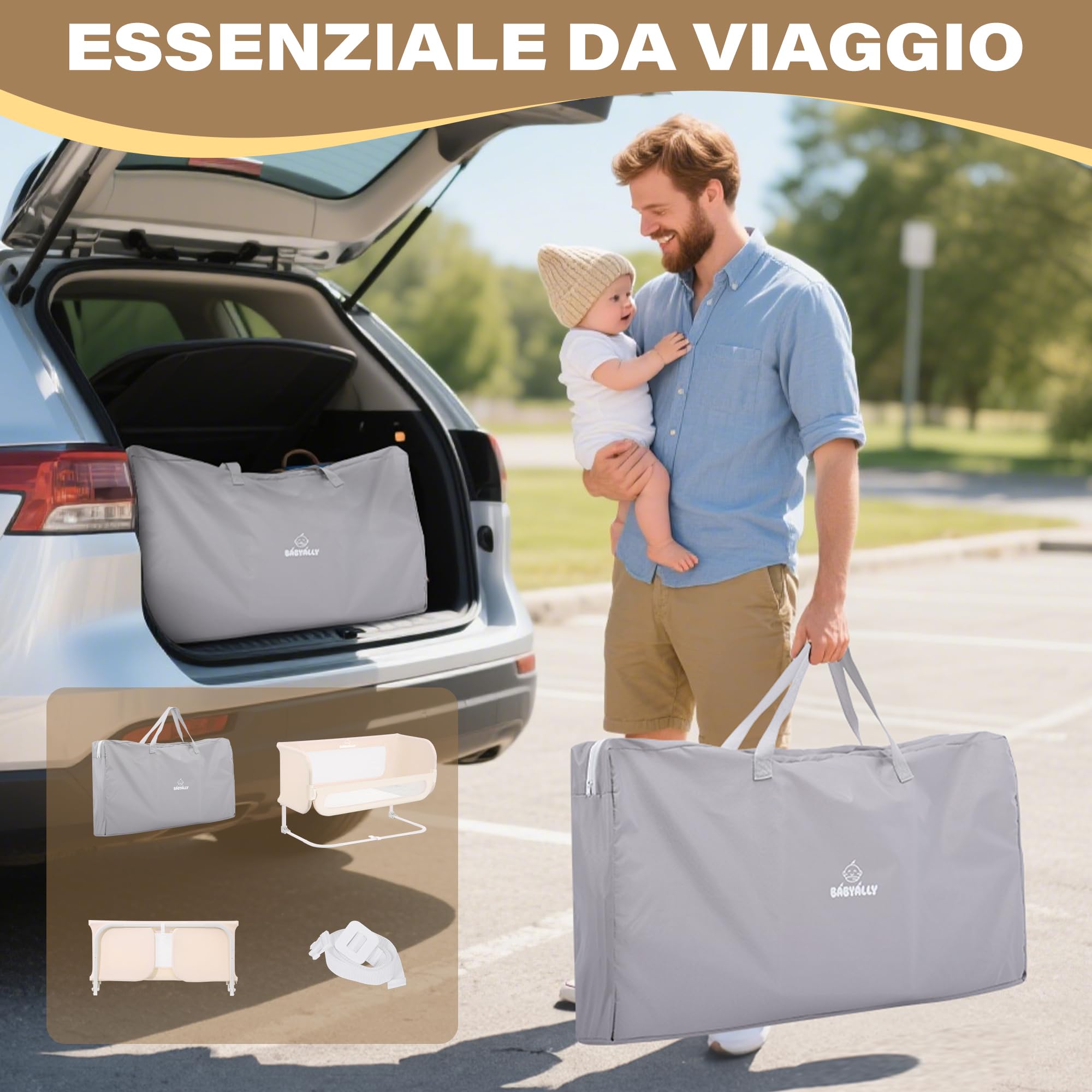 Sponda Letto Bambini 2 in 1 Pieghevole 185cm, Sbarra Letto Barriera Lettino o Cododo Lettino con Borsa Trasporto per Viaggi o Vacanze, Senza Installazione, Facile da Trasportare - Crema