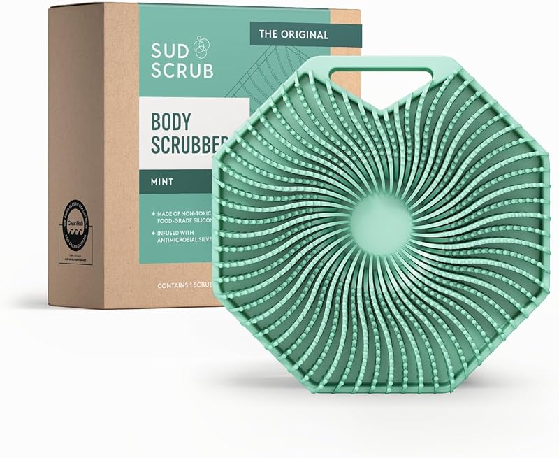 Sud Scrub® Antimicrobial Silicone Body Scrubber, Exfoliating Body Brush for Sensitive Skin, Antibacterial Shower Scrubber for Body, Bathroom Essentials for Men & Women, Mint