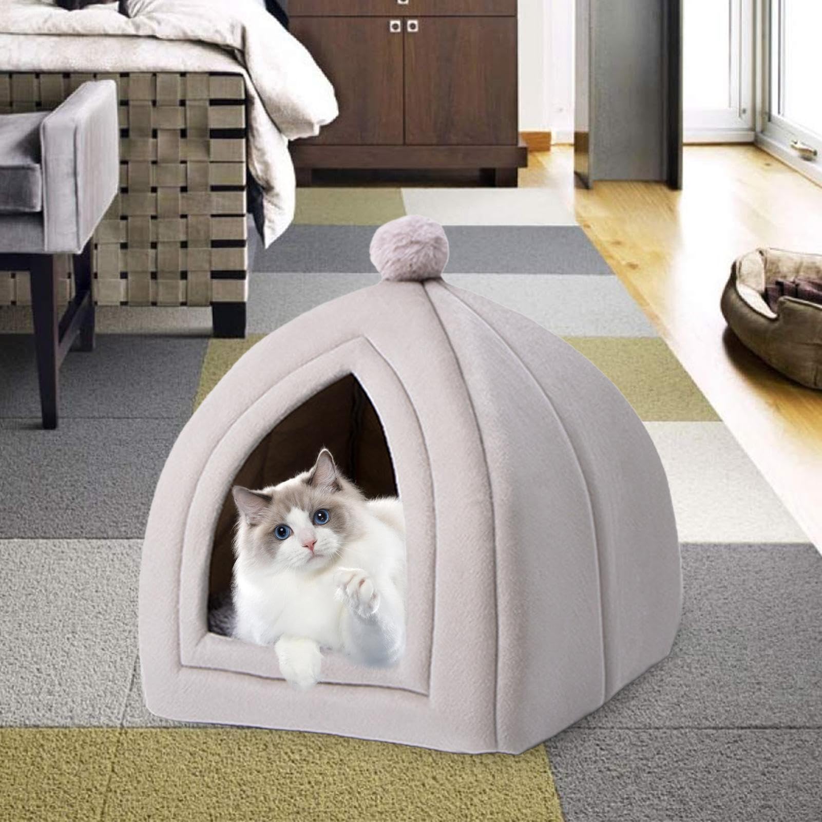 Cueva Cama Para Gatos De Invierno - Cama Abrigada Semi-cerrada Para Mascotas Pequeñas, Lavable