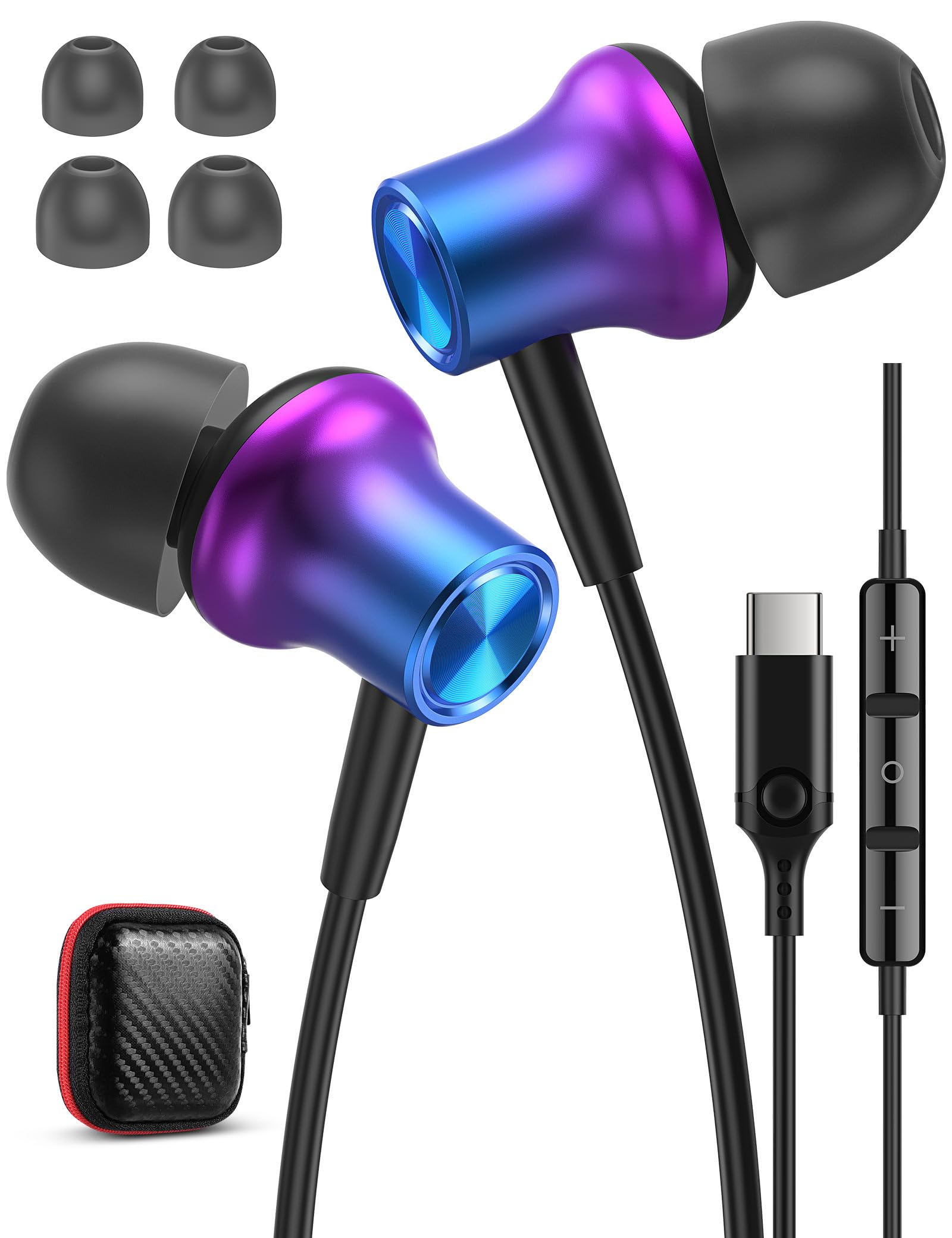 iMangoo Wired USBC Headphones Ergonomic in Ear Buds for iPhone 17 Air 16 16e 15 for iPad Pixel 10 9 9a Galaxy S25 S24 Ultra USB C Type Earbuds Earphones with Microphone for Laptop Office Work Purple