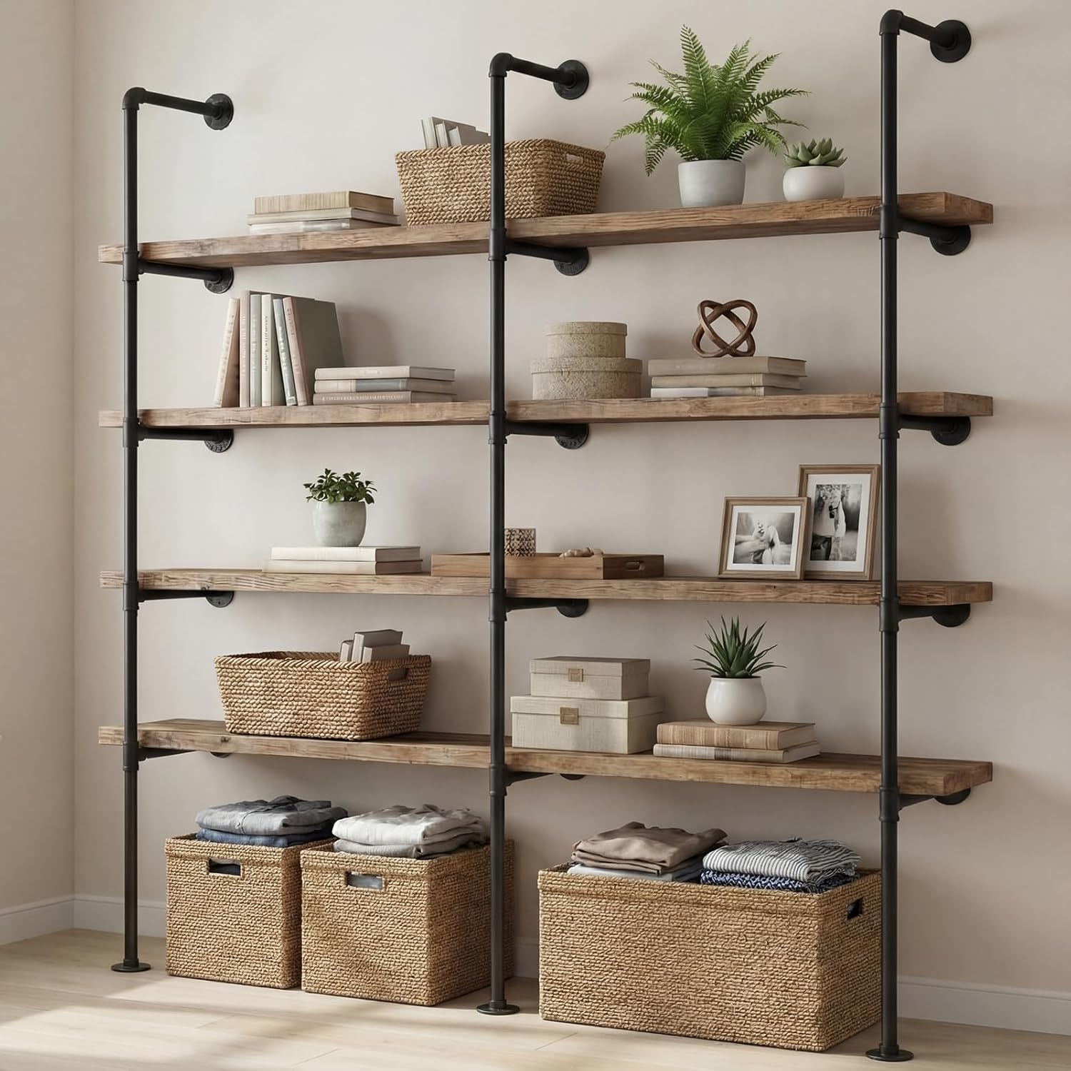 3 Pcs 5 Tier Industrial Iron Pipe Shelving Wall Mount Vintage Retro Ceiling Hung Shelf DIY Open Bookshelf Ladder Shelves for Office Living Room, 77 Tall 14 Deep (No Wood Planks Included)