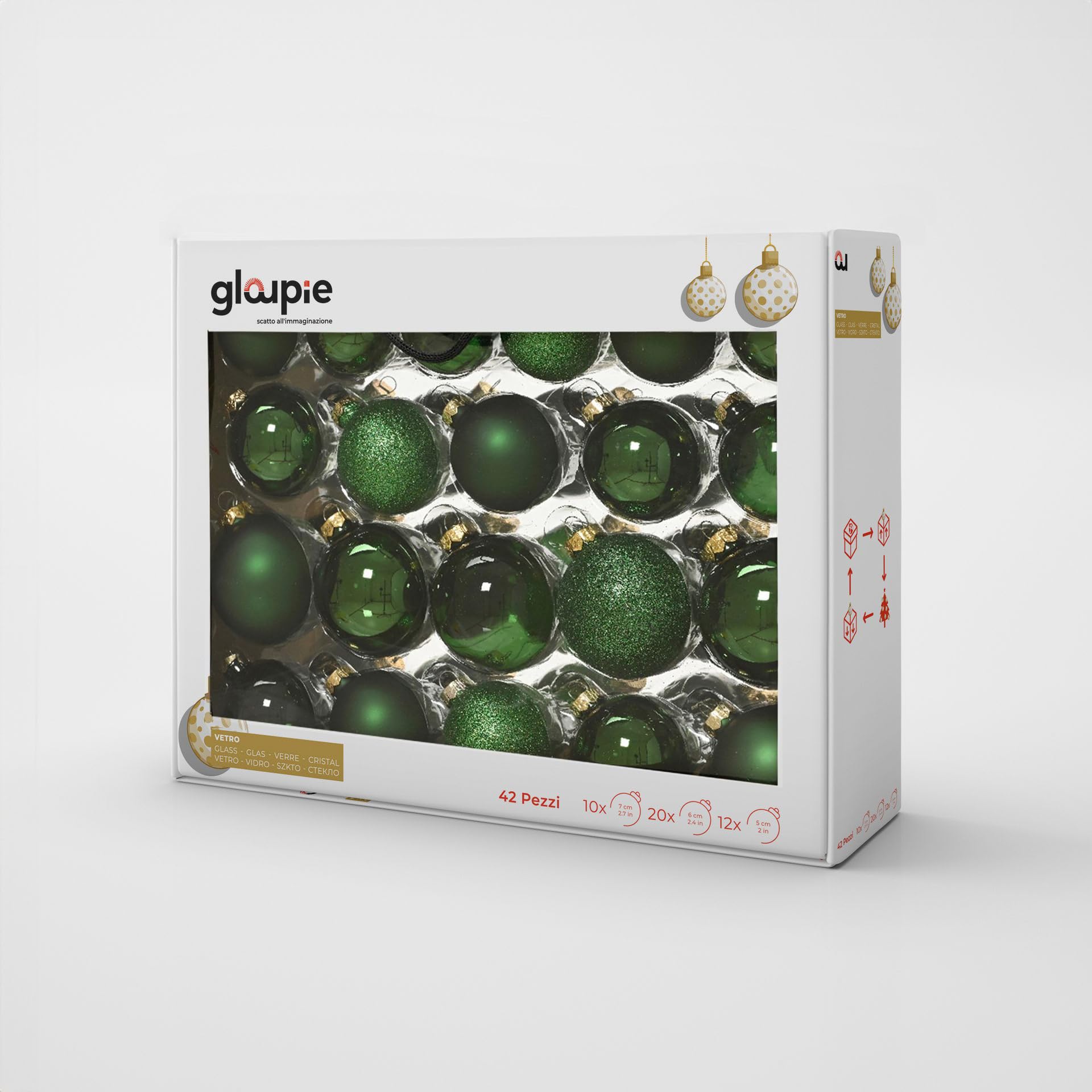 Box 42 Palline Per Albero Di Natale In Vetro Resistente Verde, 3 Misure Ø 7, 6, 5 cm, In Diverse Finiture,Confezione Elegante