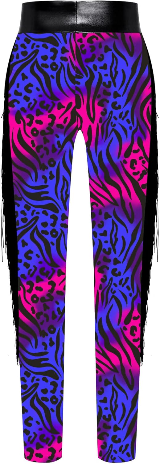 Jugaoge Kids Girls Zebra Print Figure Skating Leggings Tassel Metallic Yoga Training Tights Dance Pants