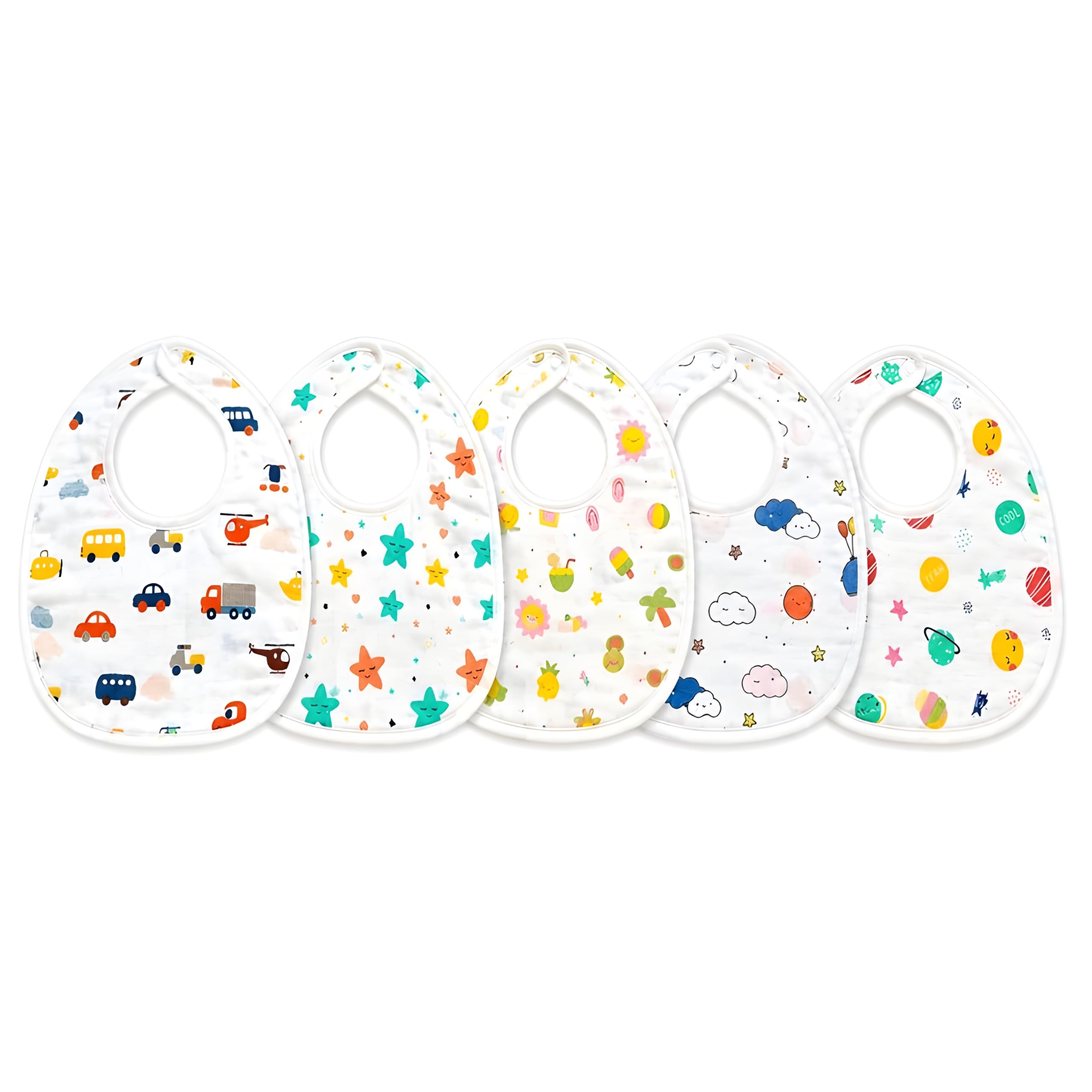 SAMSPIRE Muslin Cotton Baby Bibs | Pure Cotton, Gentle & Breathable Feeding Bibs with Cute Cartoon Prints | Soft, Durable & Reusable Drool Bibs for Babies of 0 to 12 Months | Set of 5 (Multicolor)-image-34