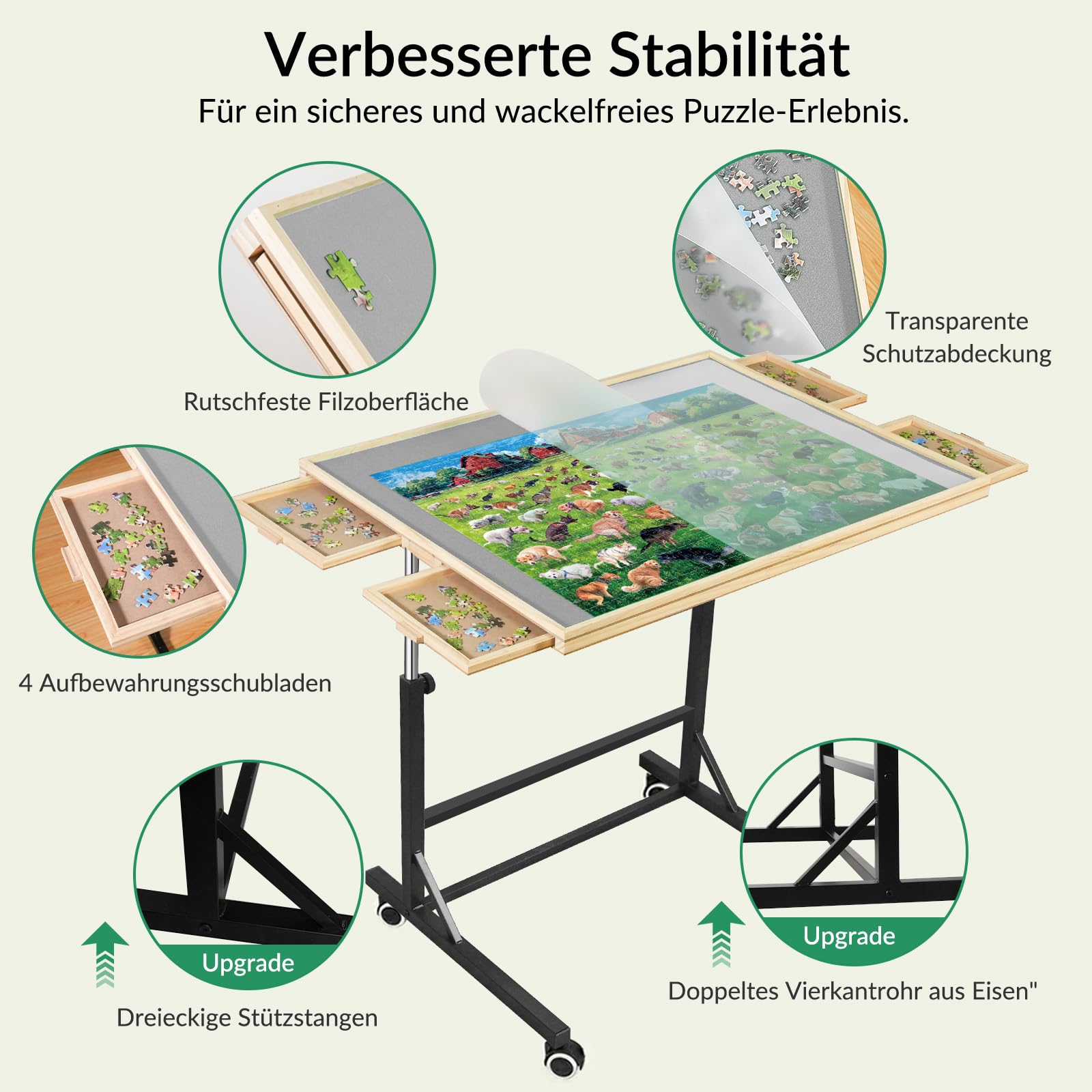 Tavolo puzzle da 1500 pezzi con gambe e ruote, tavolo puzzle in legno con 4 cassetti e copertura, stabilità migliorata e design leggero ottimizzato, opzione verticale