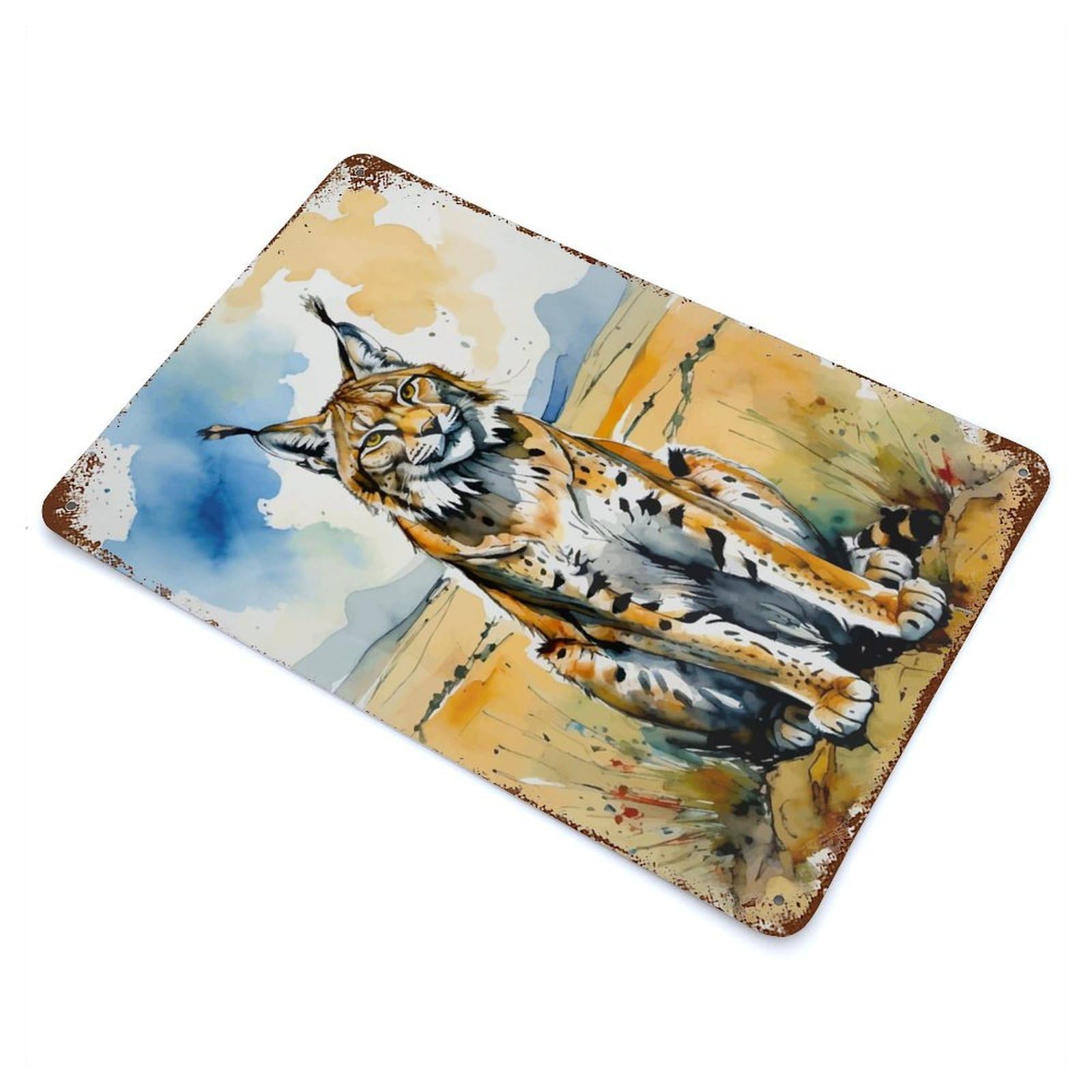 Garage Style Eurasian Lynx Watercolor Painting Rusty Metal Tin Sign 11.8"x7.9", Novelty Wall Decor for Bar And Workshop