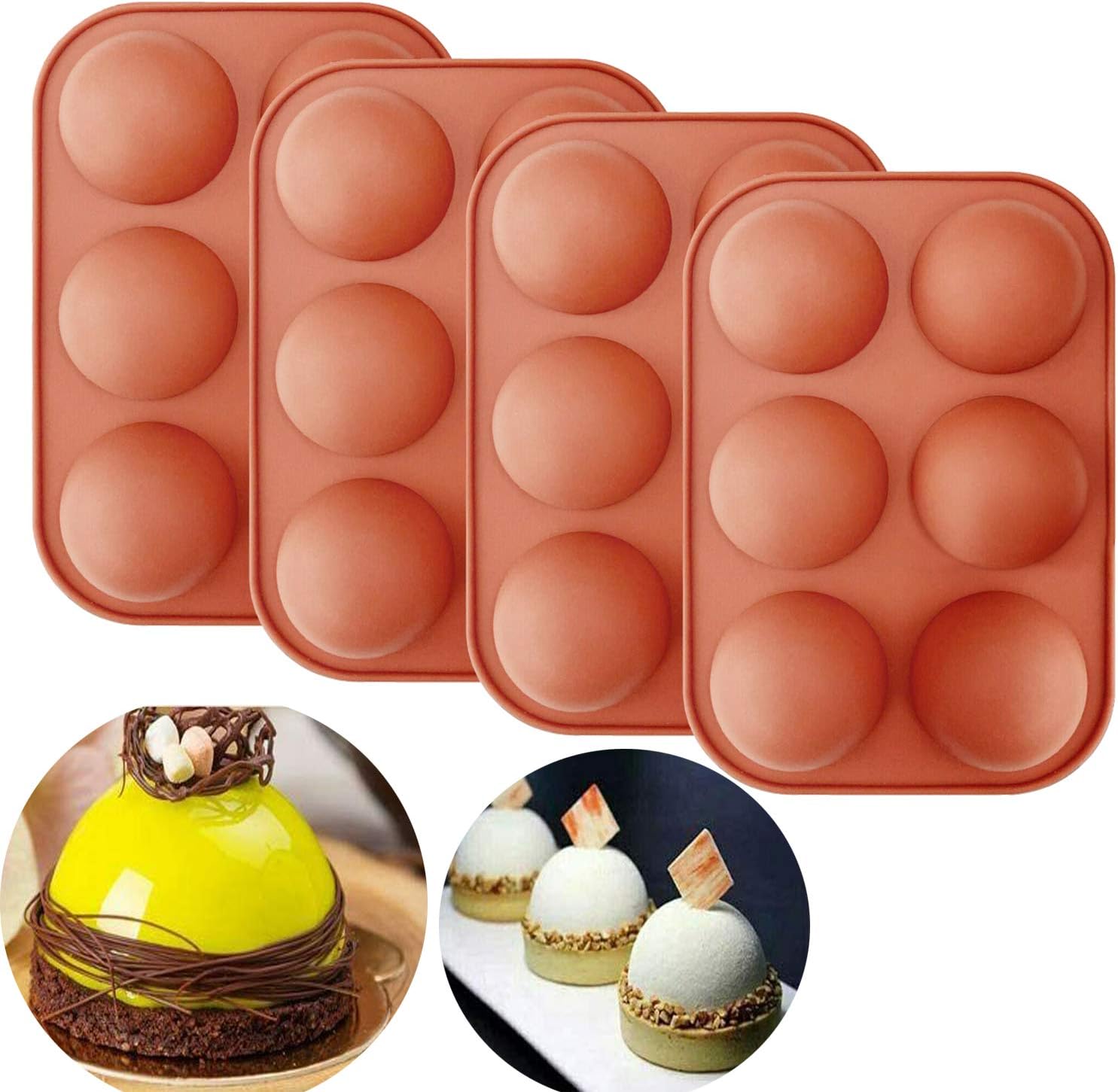 4Pack Medium Semi Spherical Silicone Mold, 6 Holes Non-Stick Baking Molds for Hot Chocolate Bomb, Cake, Jelly, Dome Mousse, BPA Free Cupcake Baking Pan. (Dia: 2'')