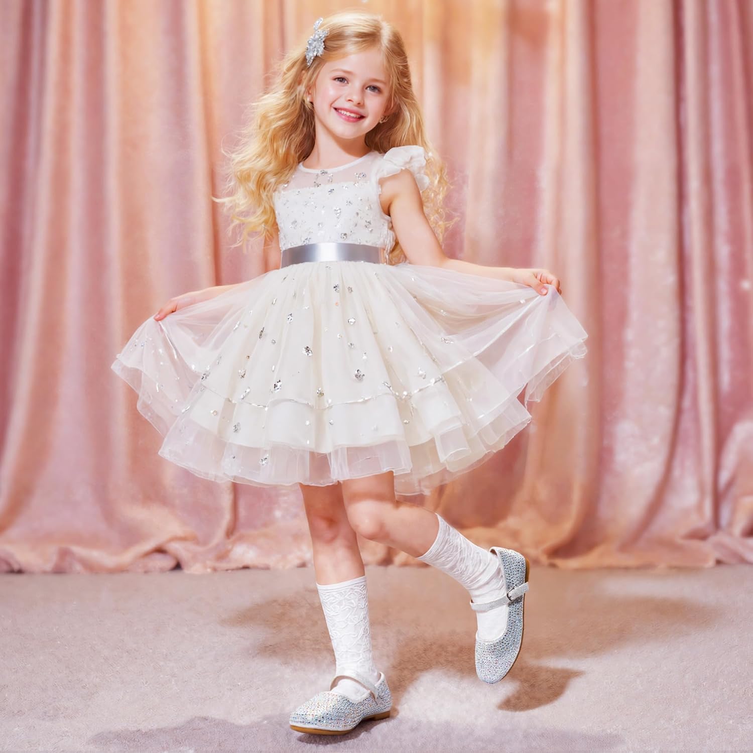 shoeslocker Girl Dress Shoes-Little Girl Mary Jane Shoes Wedding Party Casual Soft Walking Silver Size 3 - Image 2