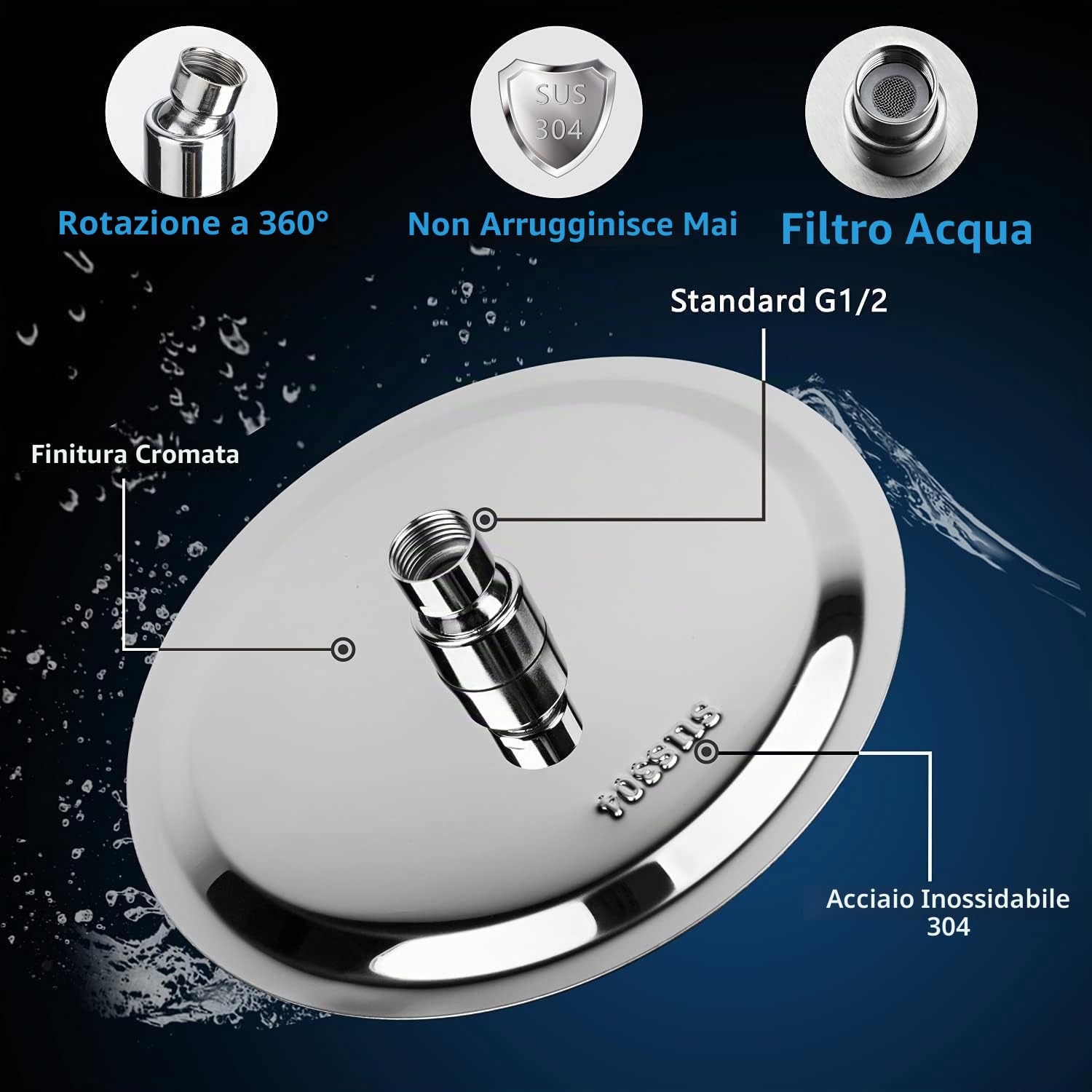 Soffione doccia a pioggia in acciaio inox AISI304, 12 pollici (30 cm)