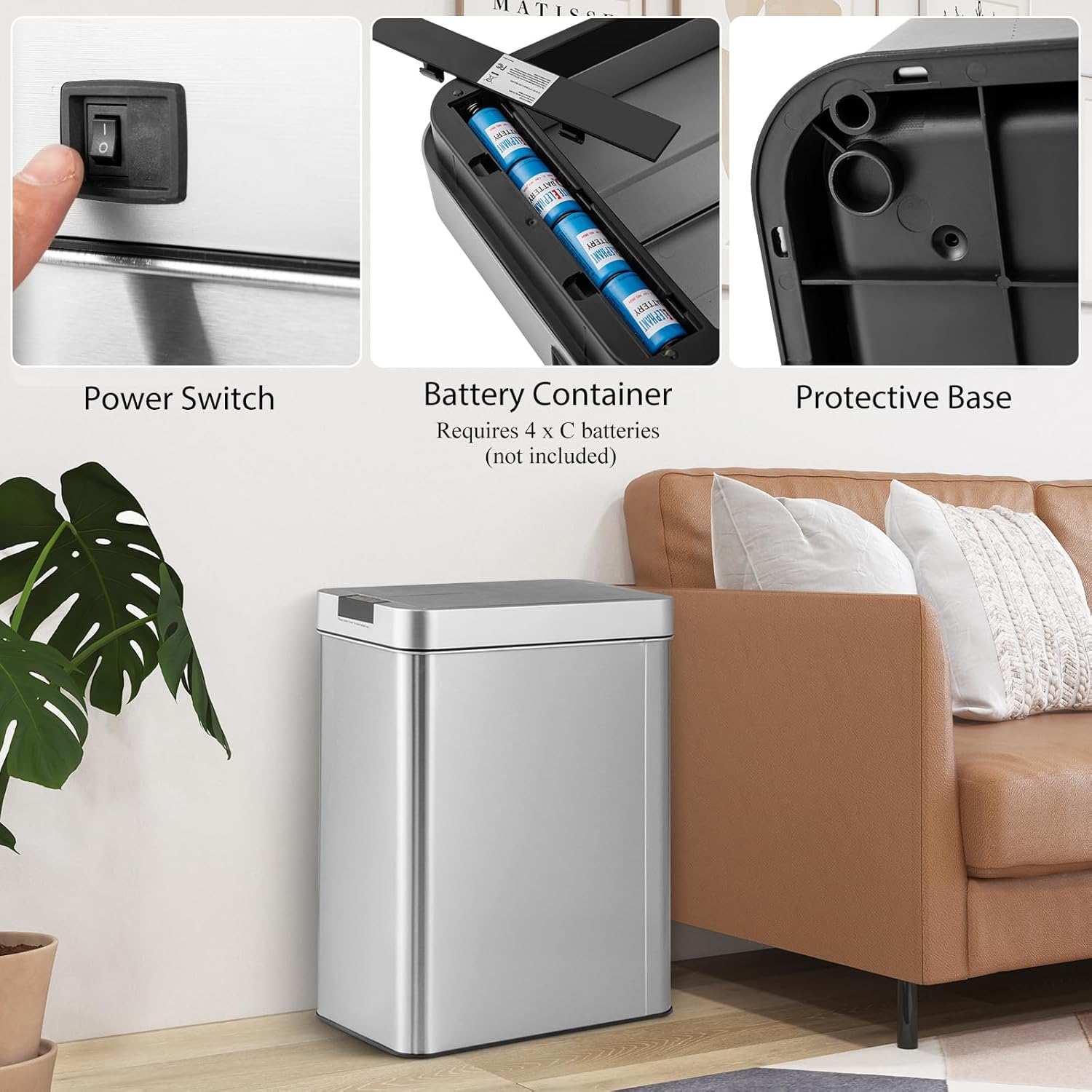 TANGZON 50L Automatic Sensor Kitchen Bin, Stainless Steel Touchless Infrared Motion Waste Bin with Soft Closure Lid, Fingerprint-Proof Smart Trash Can Dustbin for Home Office
