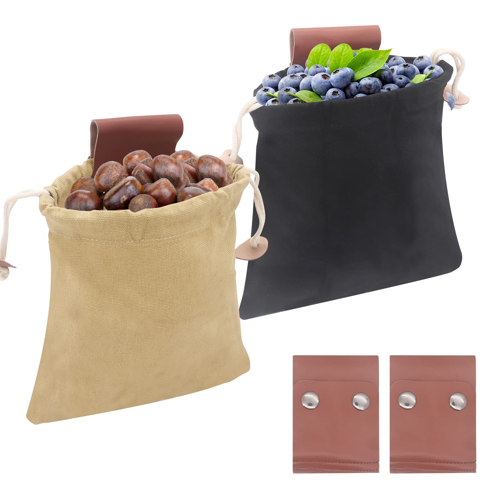 MoYouno Foraging Bag,2 Pack Collapsible Leather Belt Pouch, Canvas Foraging Pouch for Hiking,Multi-Purpose Storage Bag for Outdoors Camping,Collecting Fruit Picking