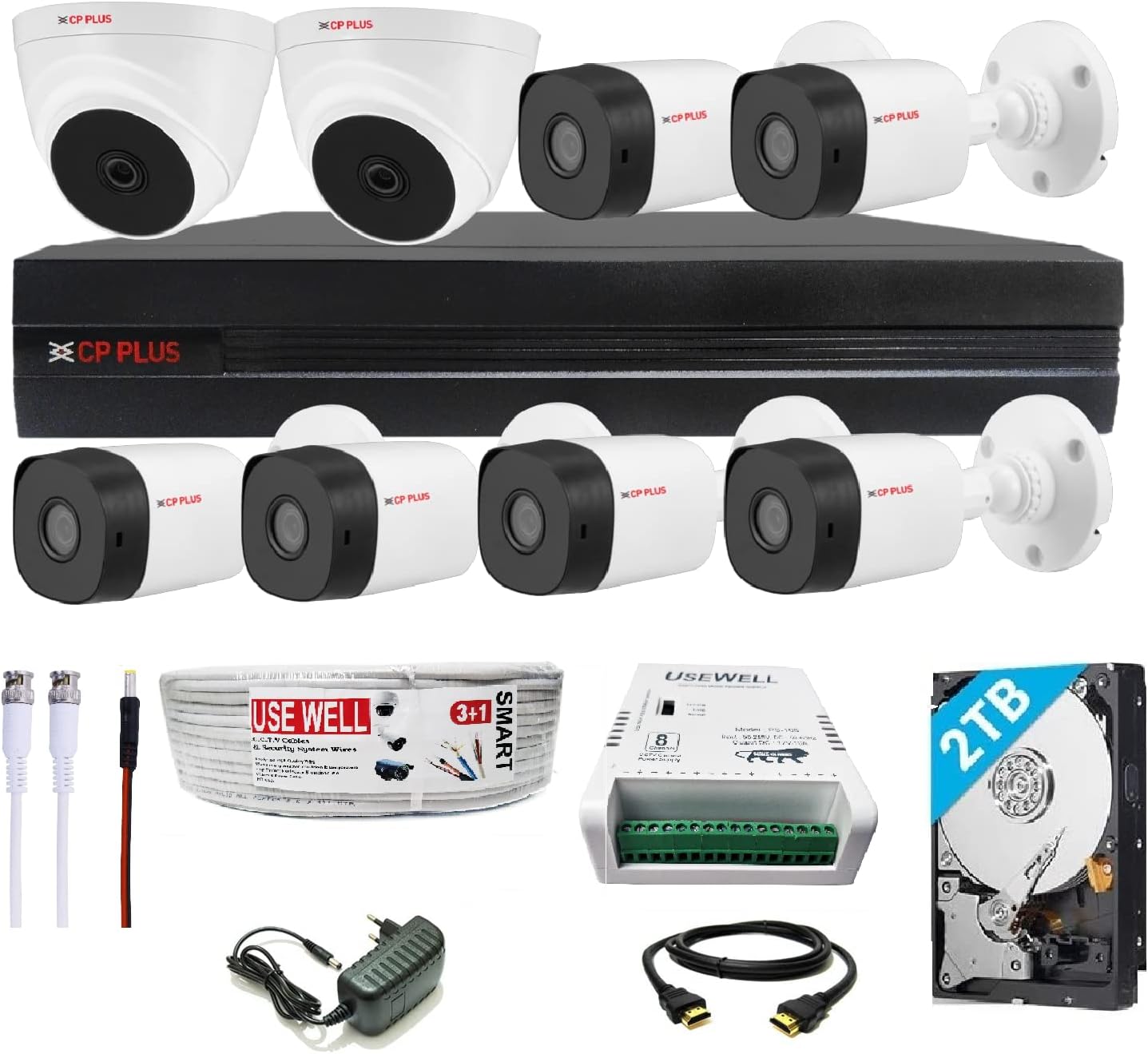 CP Plus Full HD 8 Channel DVR with 2.4 MP 2 Dome & 6 Bullet Cameras + 2 TB HDD + (3+1) Cable roll + 8 CH Power Supply + USEWELL BNC & DC Full Combo Kit