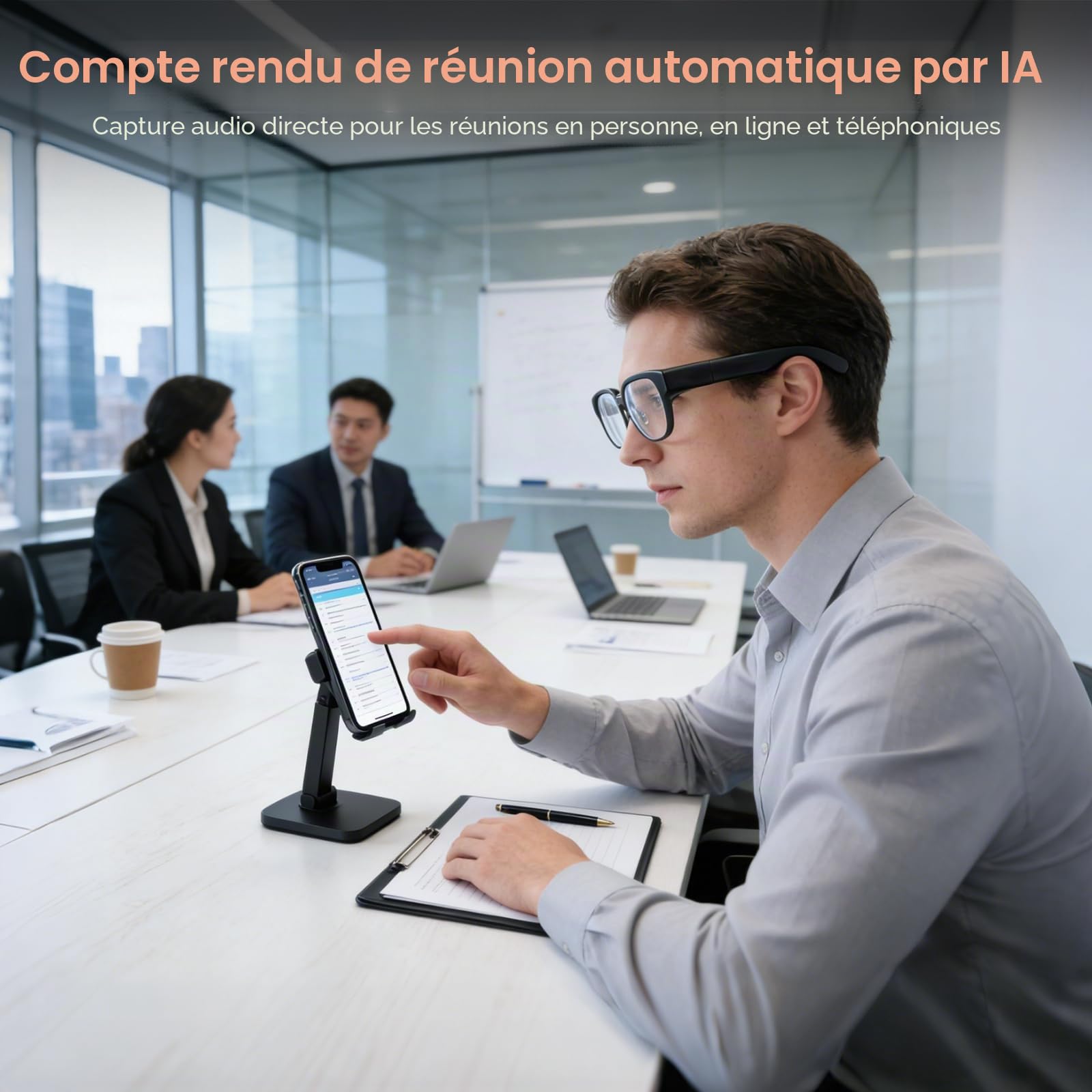 Lunettes Intelligentes AR avec Traduction Vocale en Temps Réel,Téléprompteur À Affichage IA,Plus De 40 Langues en Ligne Et 8 Hors Ligne,Double Batterie 440 MAh,pour Réunions d'affaires Et Voyages