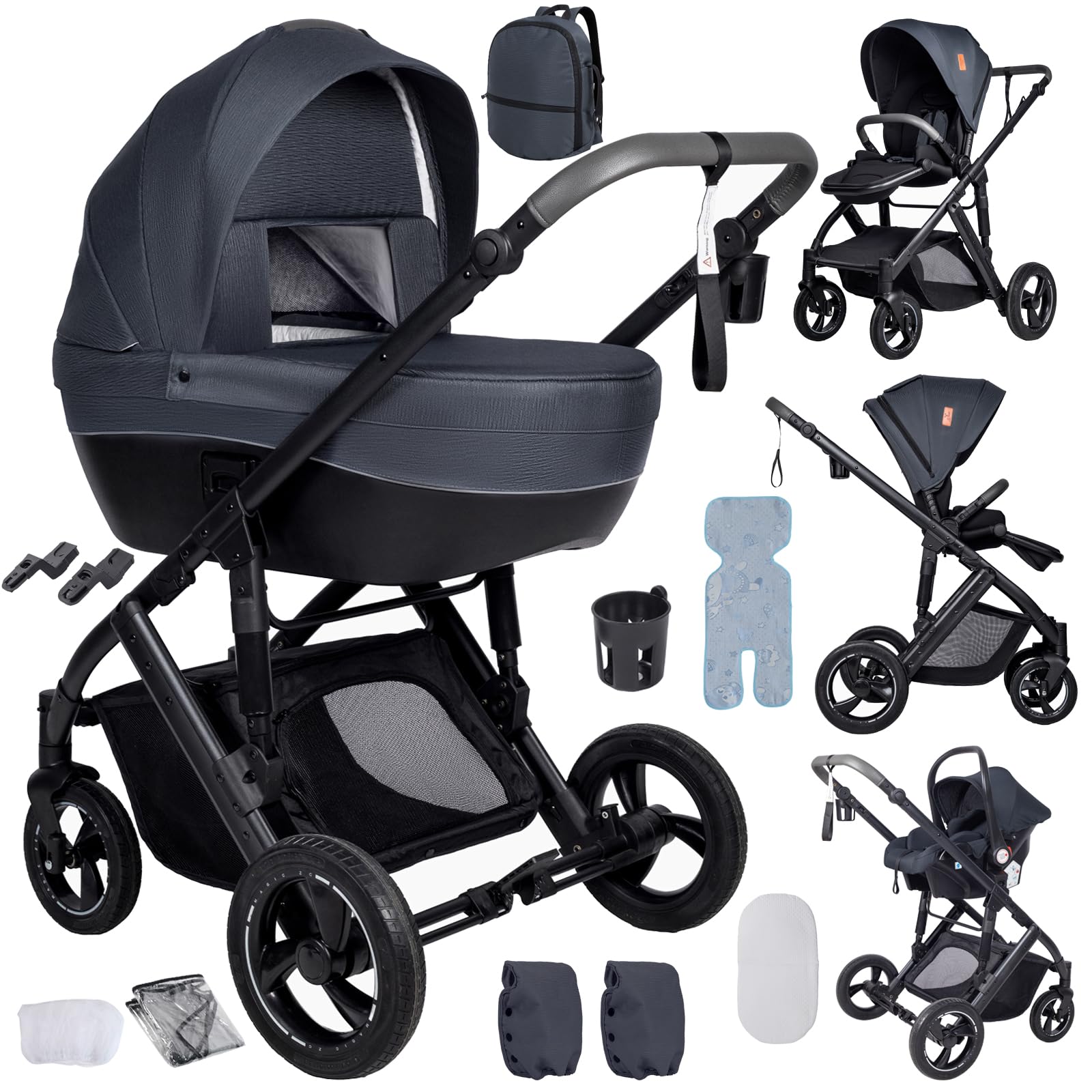 3 in 1 Travel Systems Baby Stroller with Carrycot, Sleeping Basket, Shock-Absorbing, 0-48 Months (3 in 1 Brown) — view 14