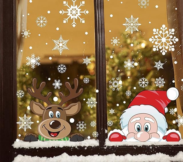 LOKIPA Christmas Window Cling Stickers, 6Sheet Peeping Santa and Rudolph Stickers Decals for Christmas Window Display