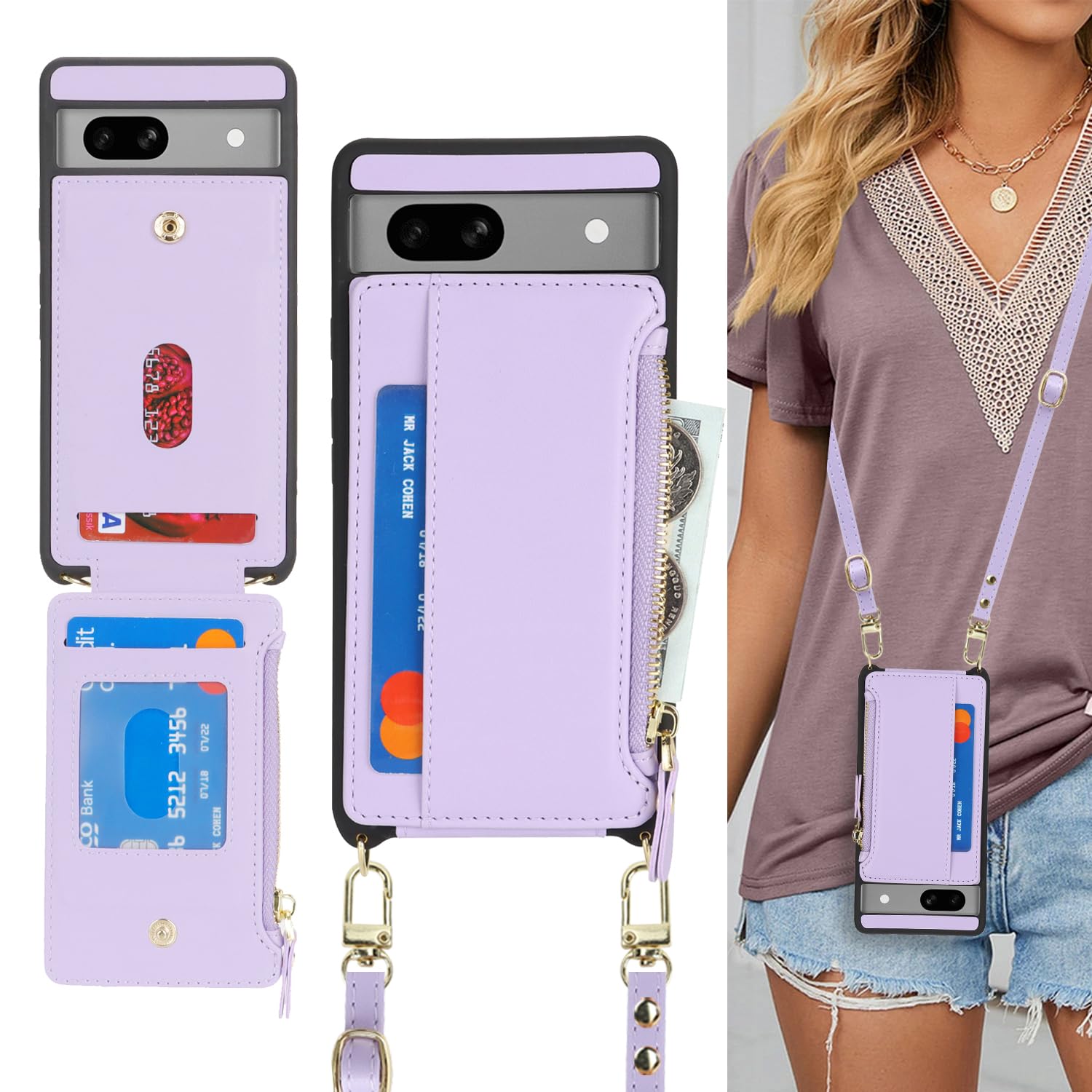 SailorTech for Google Pixel 7a Phone Case with Credit Card Holder for Women Google Pixel 7a Leather Case Wallet Crossbody with Card Slots Zipper Shockproof Case for Men-Purple - Image 2