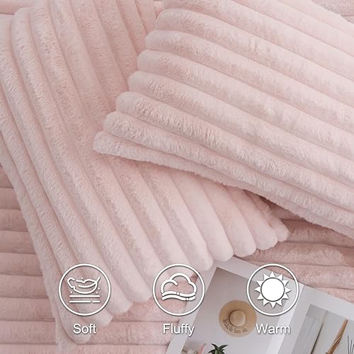 Miniatura 9 de A Nice Night Juego de edredón de forro polar a rayas, tamaño Queen, súper suave y cálido, ropa de cama mullida de lujo de piel sintética para