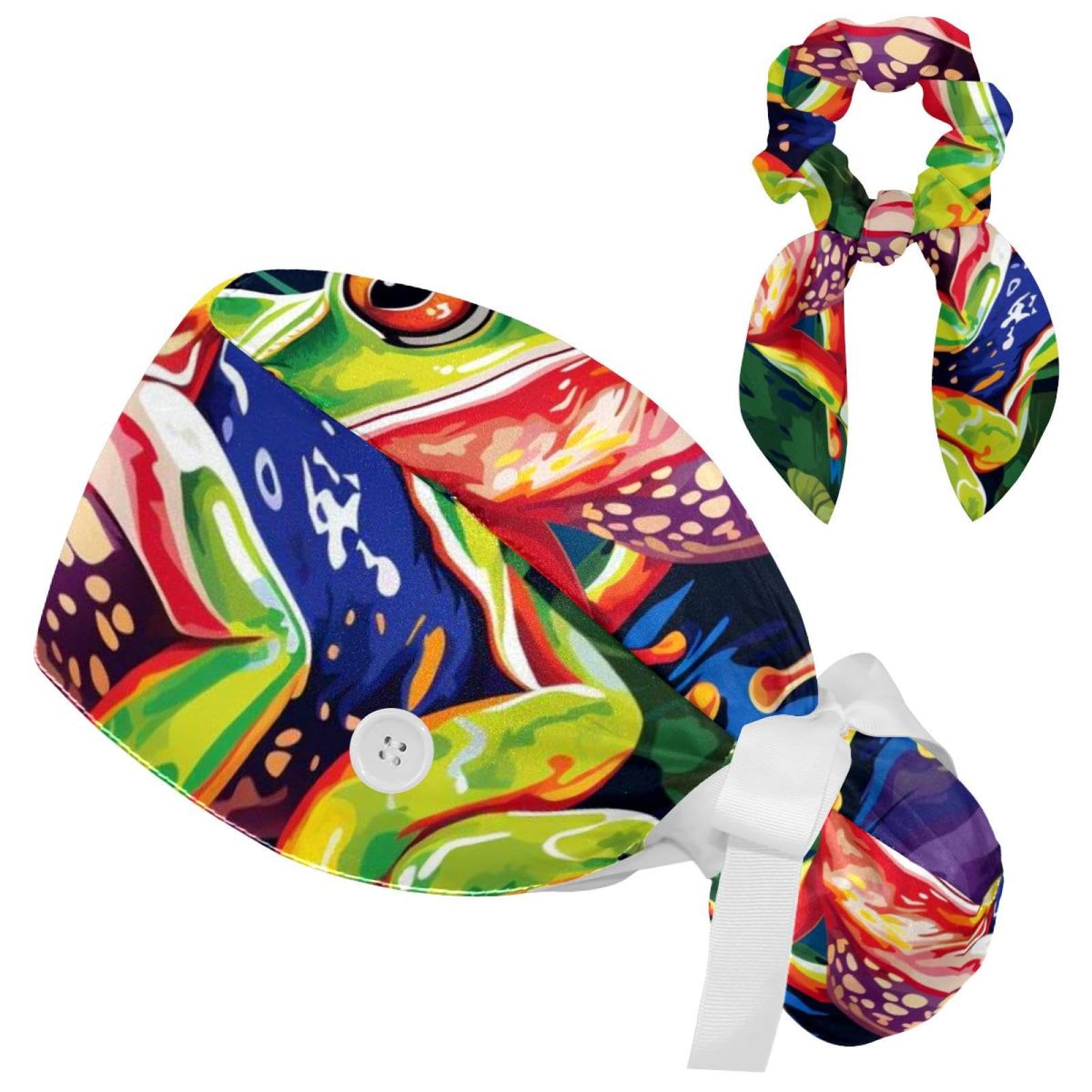 Women's Working Caps with Scrunchies Green Frog in Lotus Pond Lace-Up Hat Unisex Hair Covers One Size