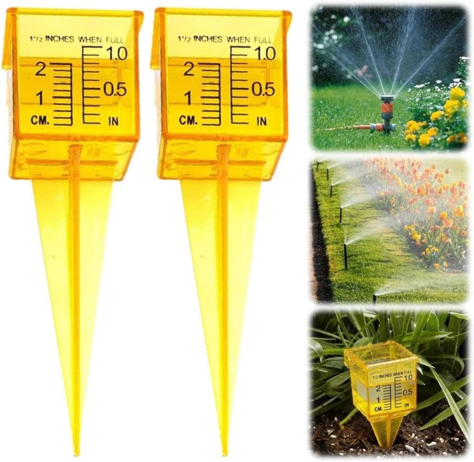 Pluviómetro de 1,5 pulgadas para exteriores con gran apertura, medidor de agua de plástico transparente para césped y jardín, medidor de lluvia de color amarillo brillante, 10 unidades