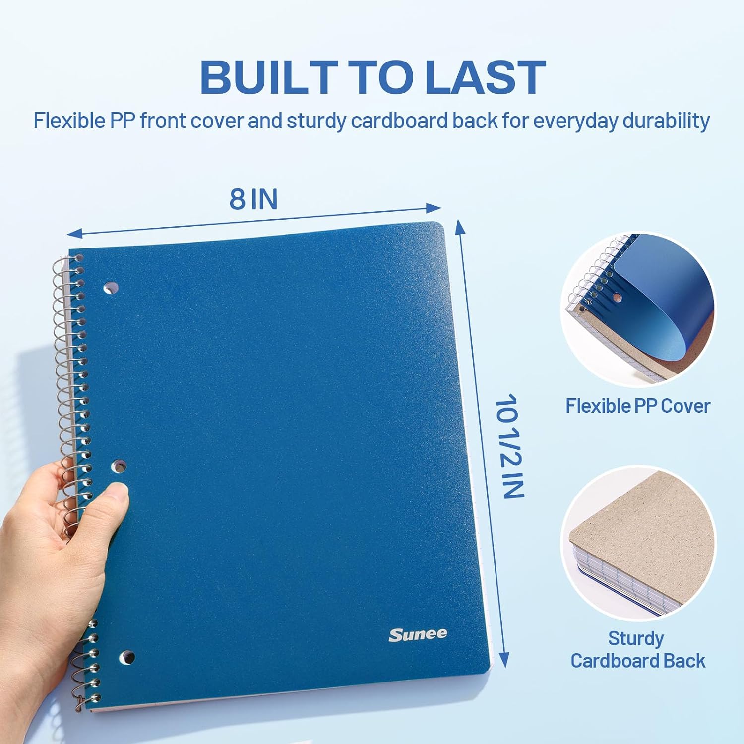 SUNEE Spiral Notebook, 1-Subject, Wide Ruled Paper, 8" x 10-1/2", 100 Sheets per Notebook, 3-Hole Punched Paper, Water Resistant Cover, Double-sided Pockets, Dark Blue image 3