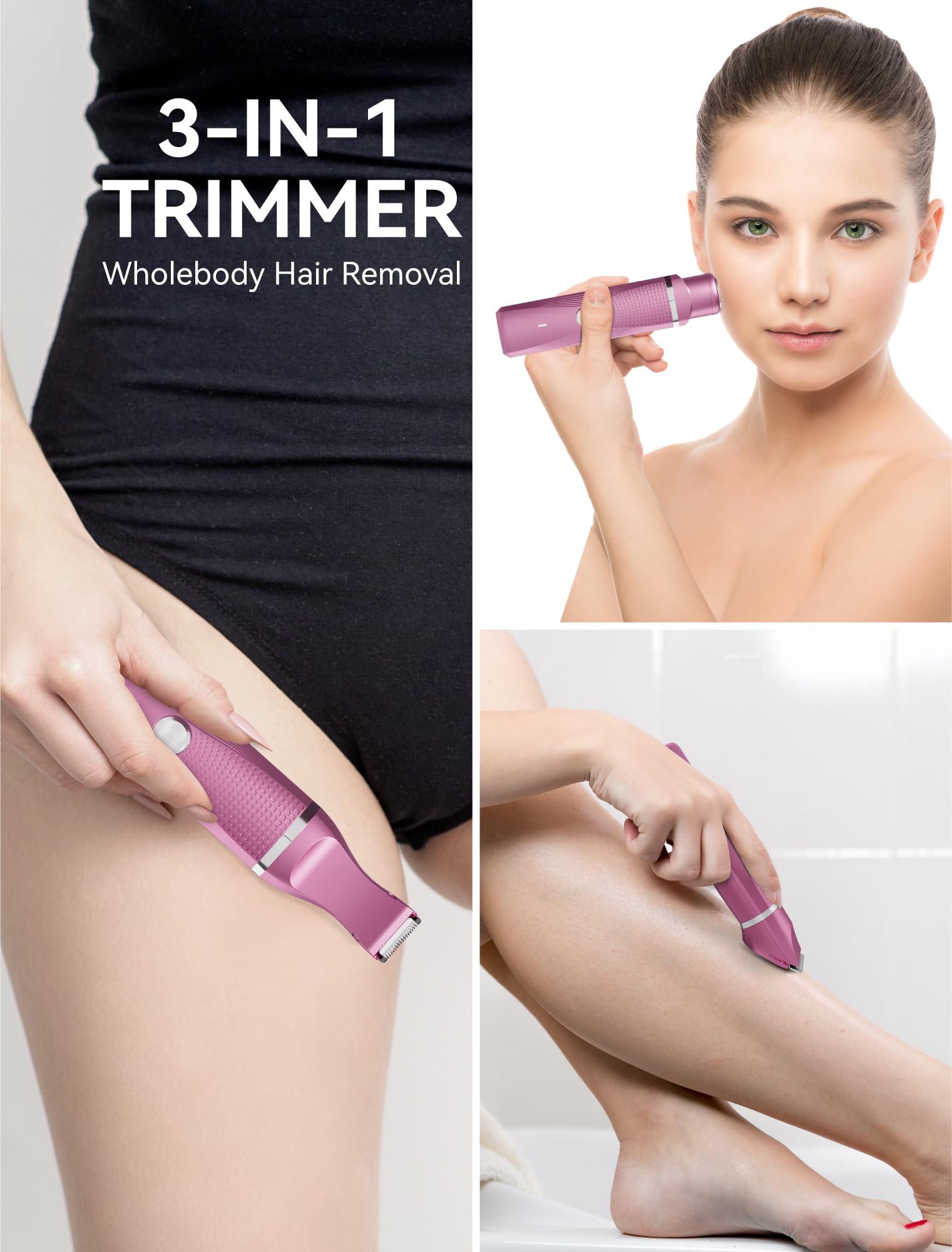 unibono 3-in-1 Electric Razor for Women - Waterproof Bikini Trimmer,Rechargeable Electric Shaver for Lady,Pubic Hair Trimmer Women,Personal Trimmer Groomer for Body Hair-Rose Red