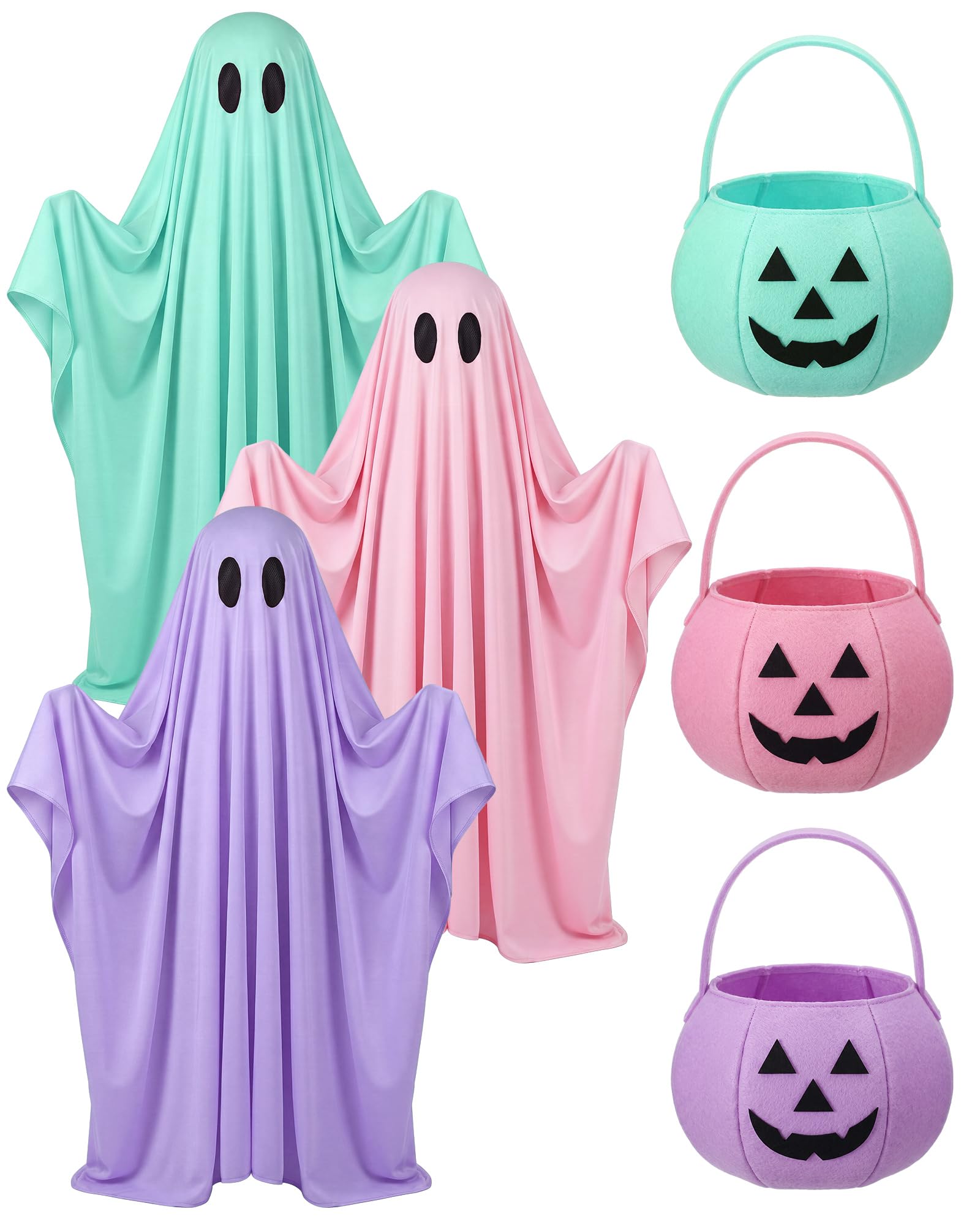 Hercicy 6 Pcs Pastel Ghost Costume with Pumpkin Candy Bags for Teen Girls Halloween Fancy Dress Cosplay Spooky Party Accessories