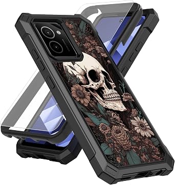 for HMD Vibe Case for HMD Vibe N159V Phone Case with Screen Protector Tempered Glass,Slim TPU Rugged Corners Bumper Cover for Men Women- Skull Flowers